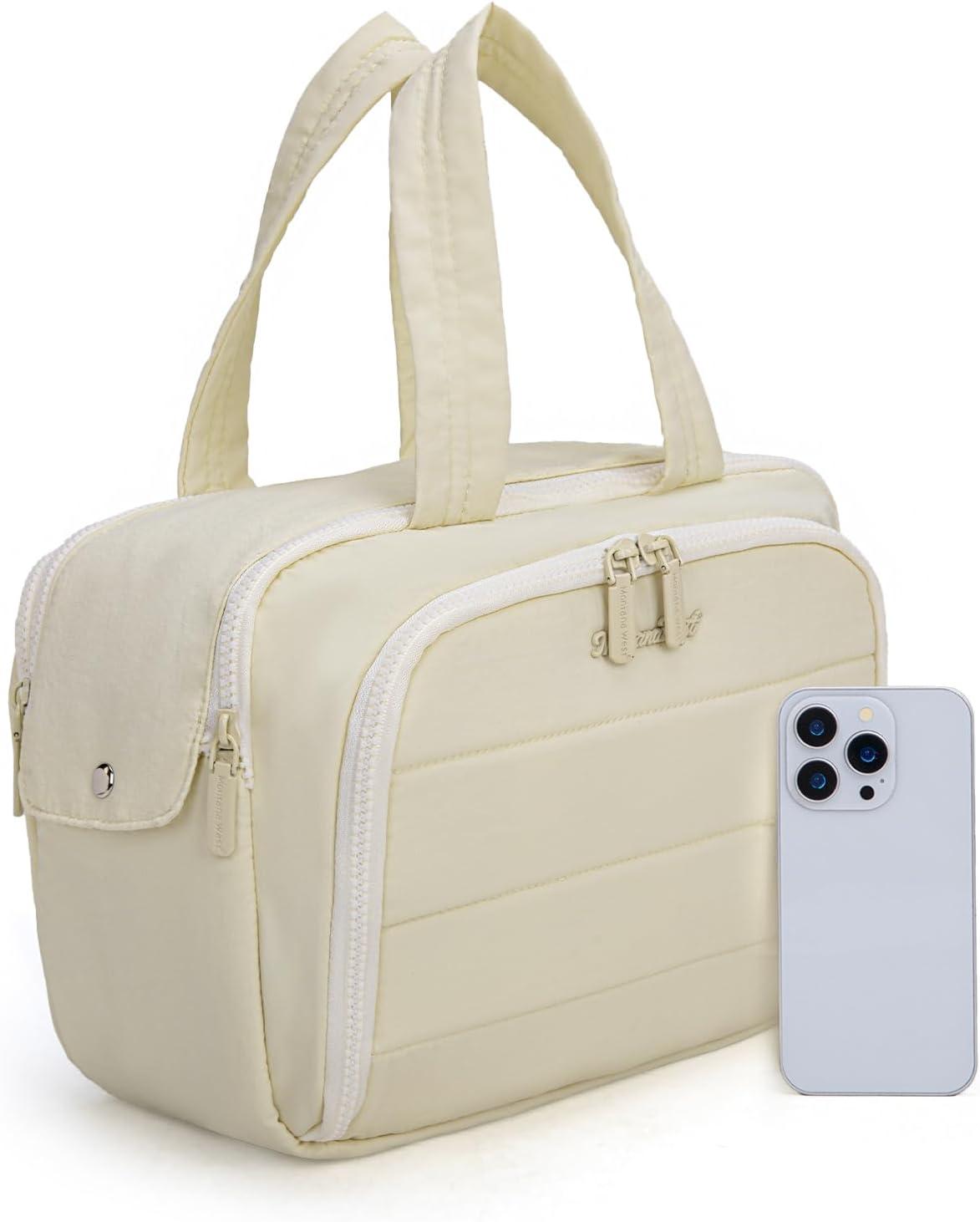 imageMontana West Travel Toiletry Bag Large Capacity Travel Bags Soft Makeup Organizer Lightweight Puffy Cosmetic Bag with Waterproof CompartmentTan