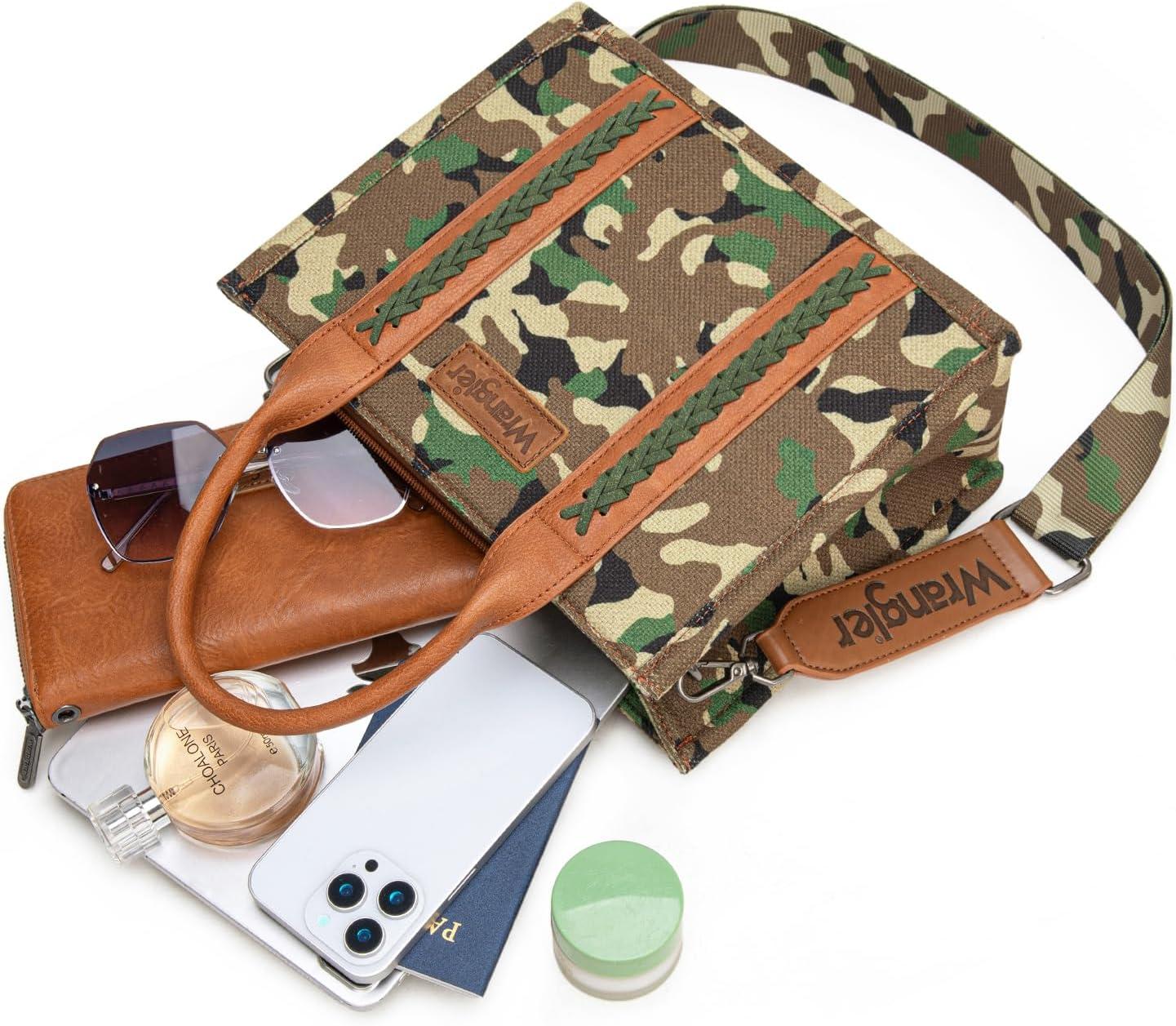 imageMontana West Wrangler Tote Bag for Women Western Camo Pattern Canvas Crossbody bag Handbag Vintage DesignGreen