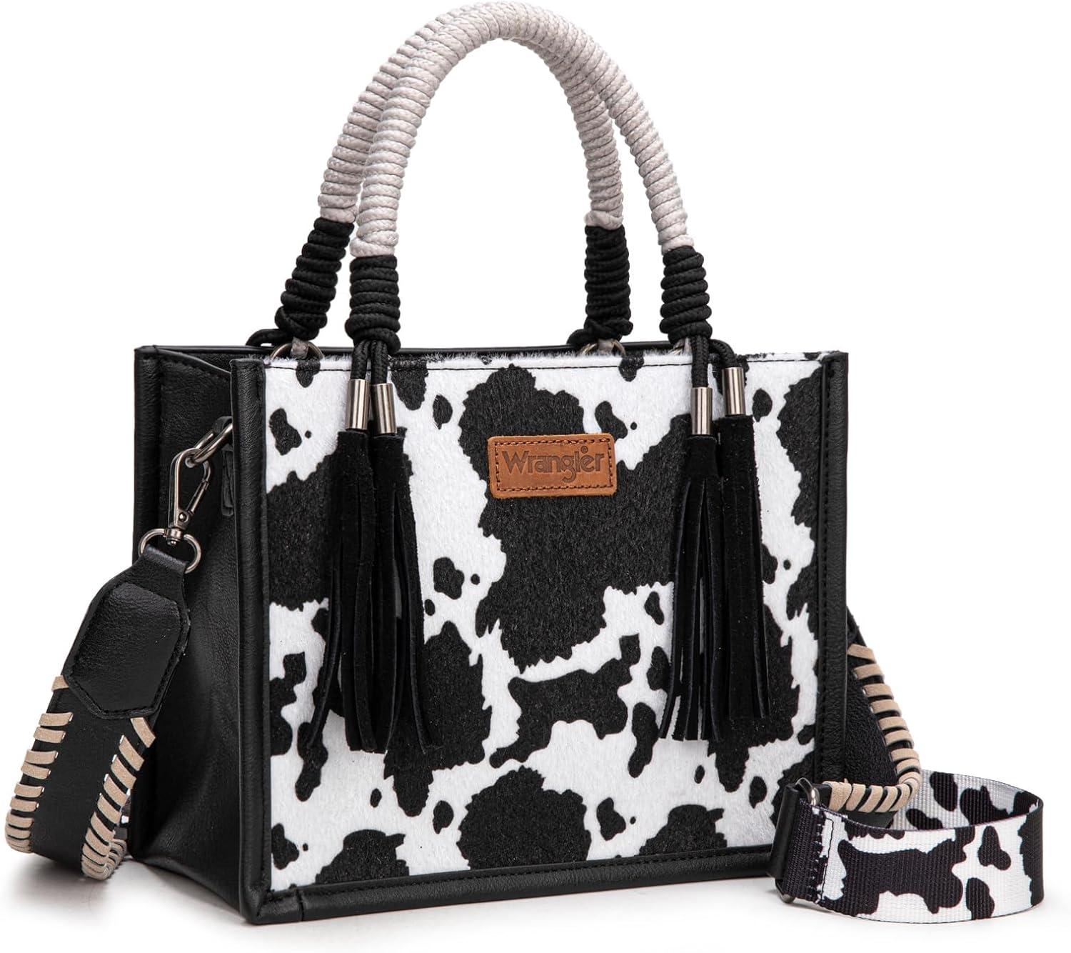 imageMontana West X Wrangler Tote Bag Cow Print Western Satchel Bags for Women with Braided Rope HandleBlack