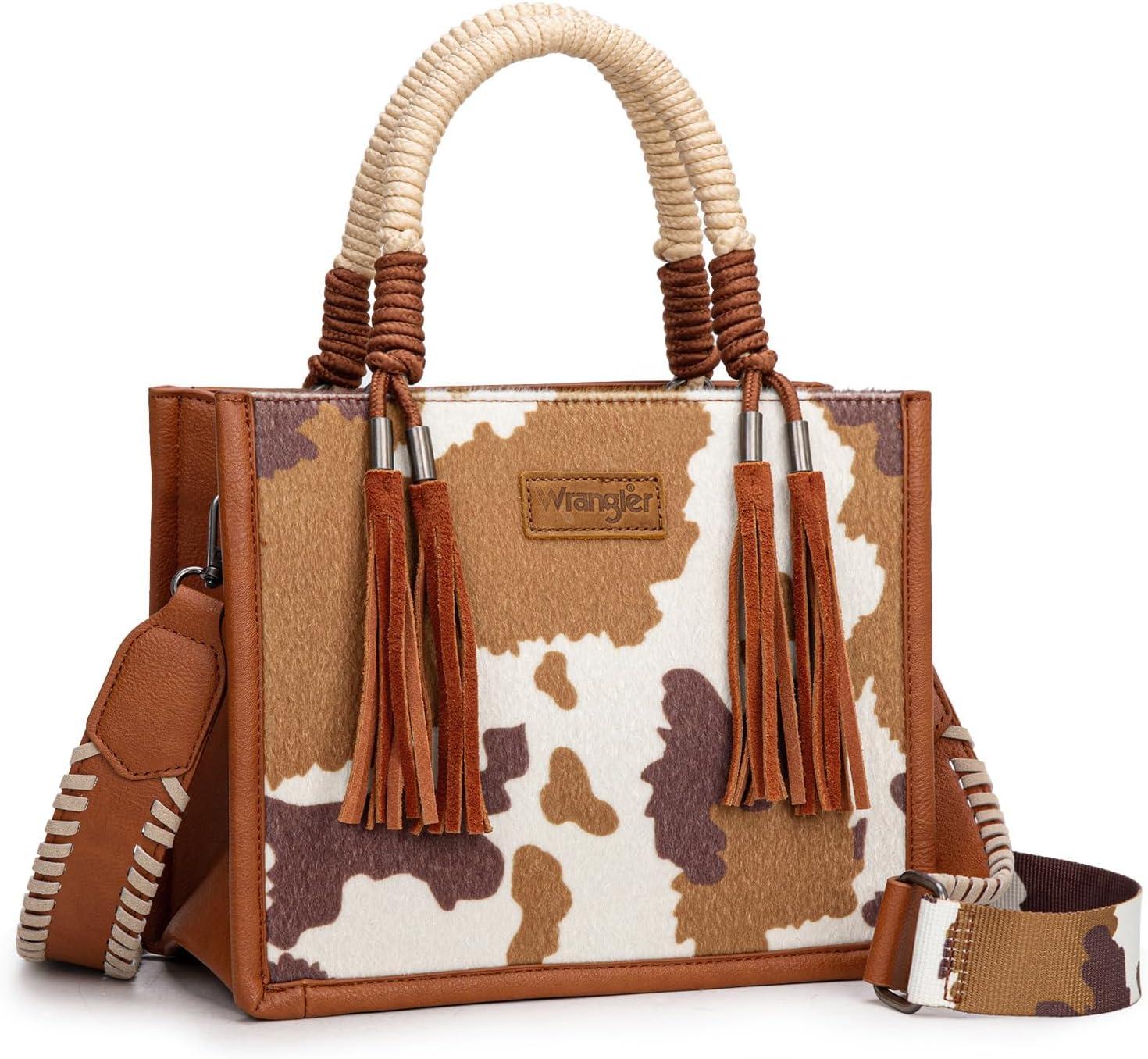 imageMontana West X Wrangler Tote Bag Cow Print Western Satchel Bags for Women with Braided Rope HandleBrown