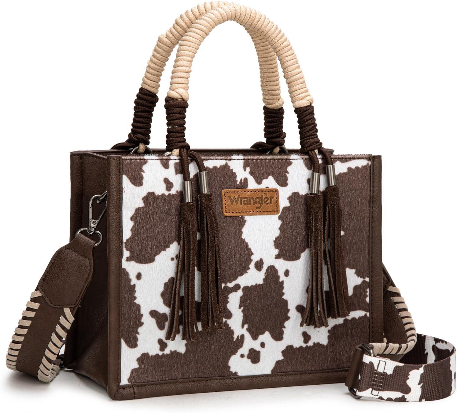 imageMontana West X Wrangler Tote Bag Cow Print Western Satchel Bags for Women with Braided Rope HandleCoffee