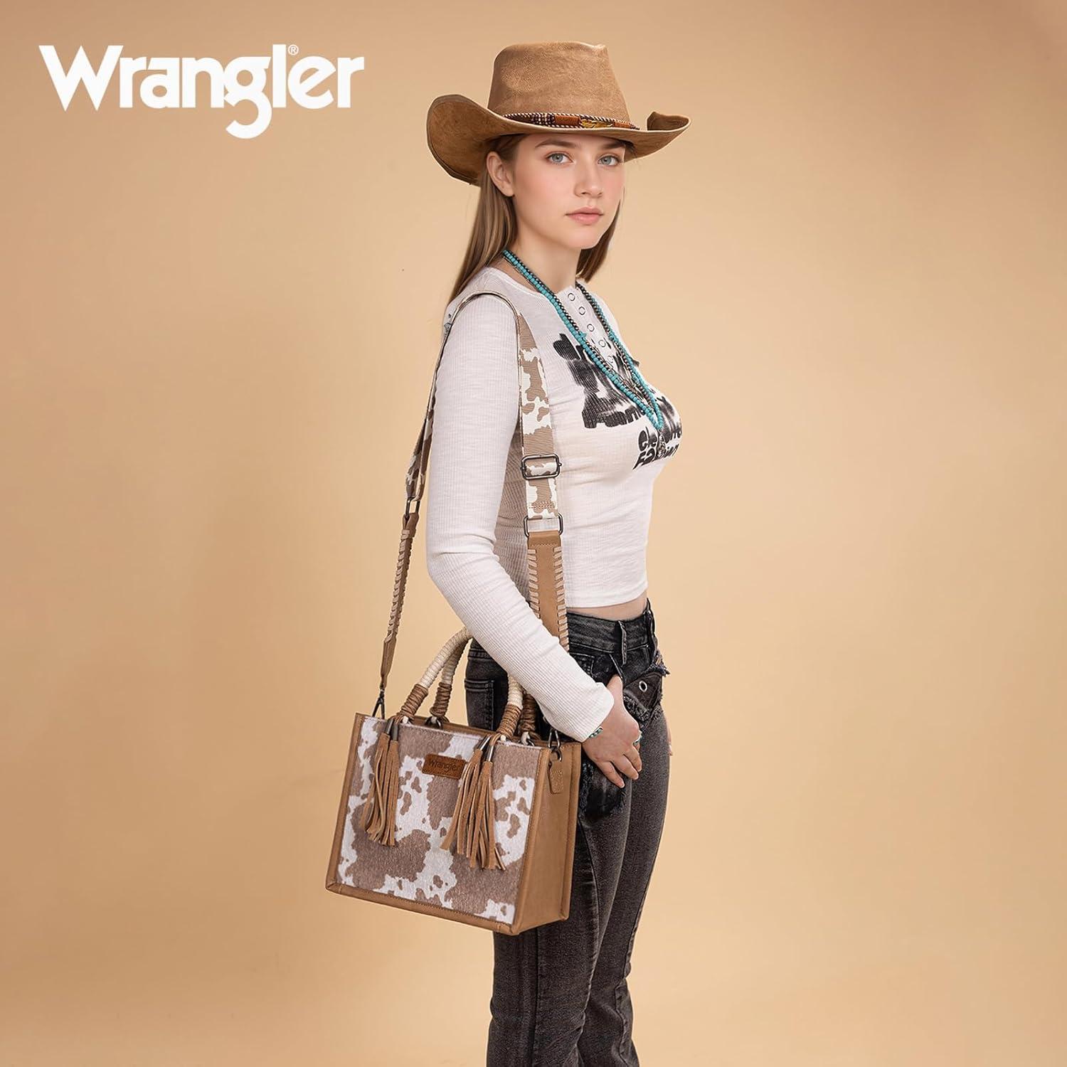 imageMontana West X Wrangler Tote Bag Cow Print Western Satchel Bags for Women with Braided Rope HandleKhaki