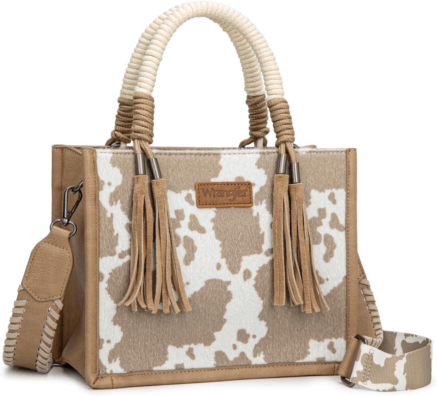 imageMontana West X Wrangler Tote Bag Cow Print Western Satchel Bags for Women with Braided Rope HandleKhaki
