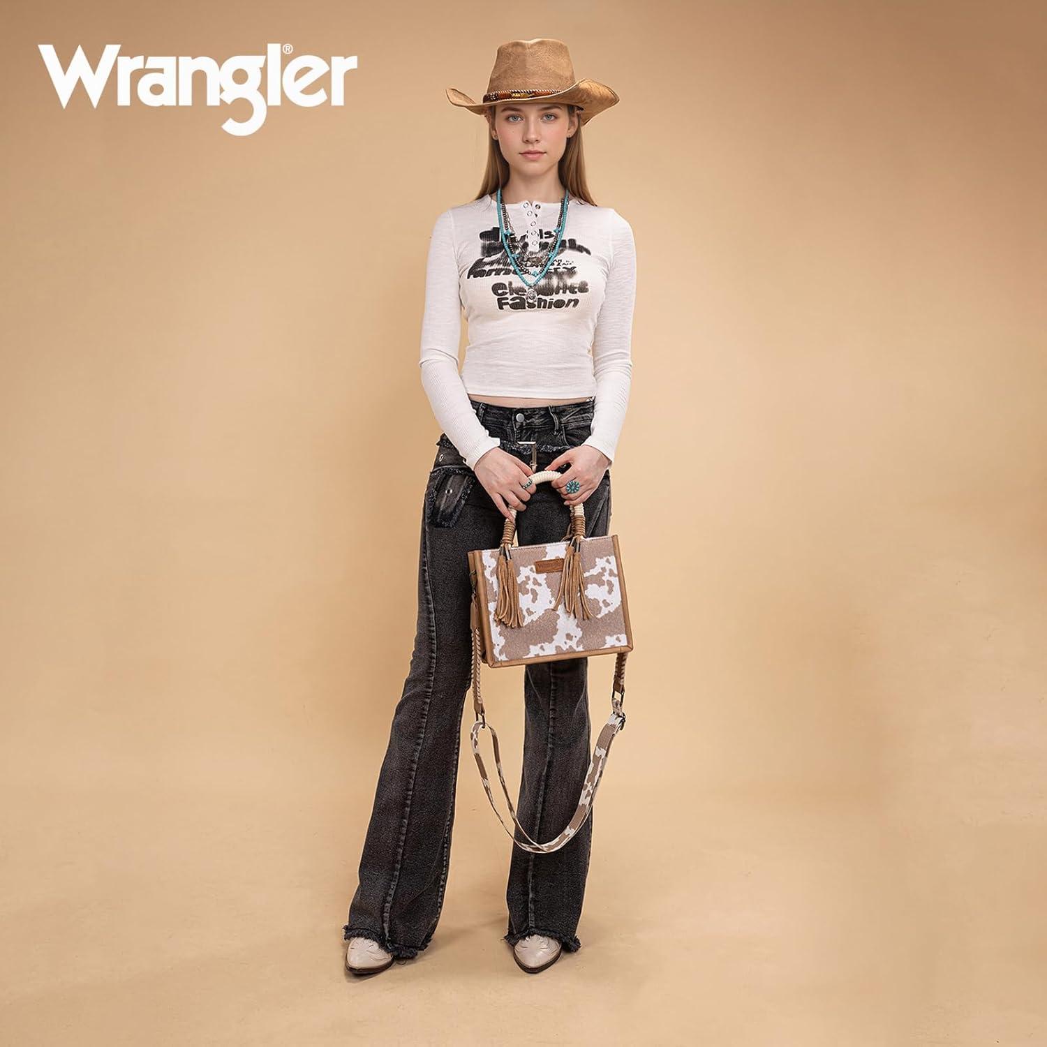 imageMontana West X Wrangler Tote Bag Cow Print Western Satchel Bags for Women with Braided Rope HandleKhaki