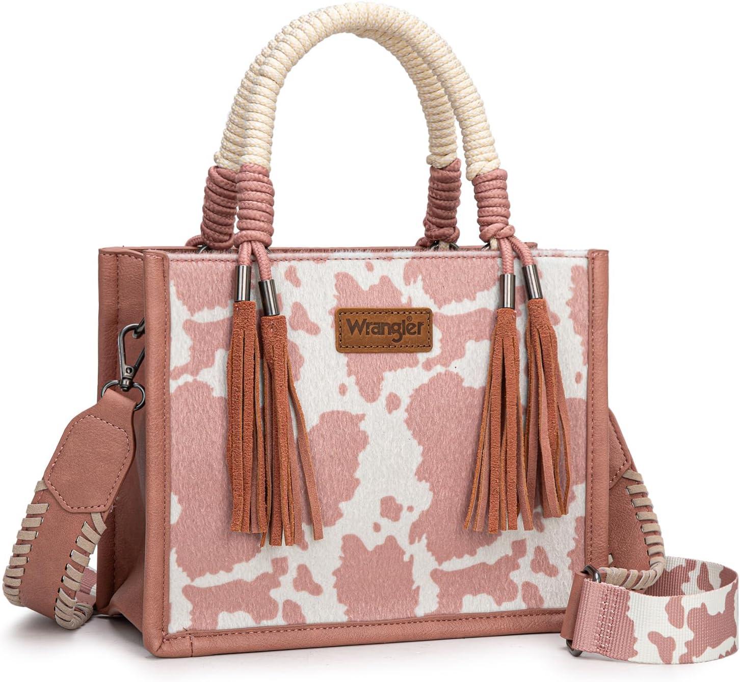 imageMontana West X Wrangler Tote Bag Cow Print Western Satchel Bags for Women with Braided Rope HandlePink