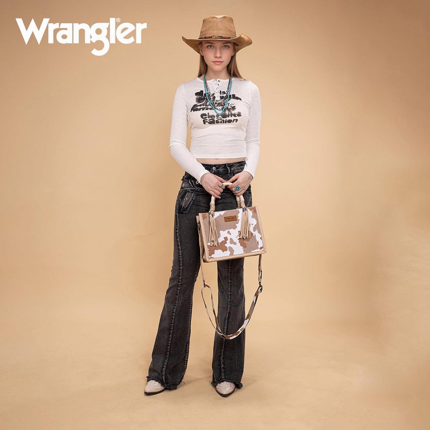imageMontana West X Wrangler Tote Bag Cow Print Western Satchel Bags for Women with Braided Rope HandleTan