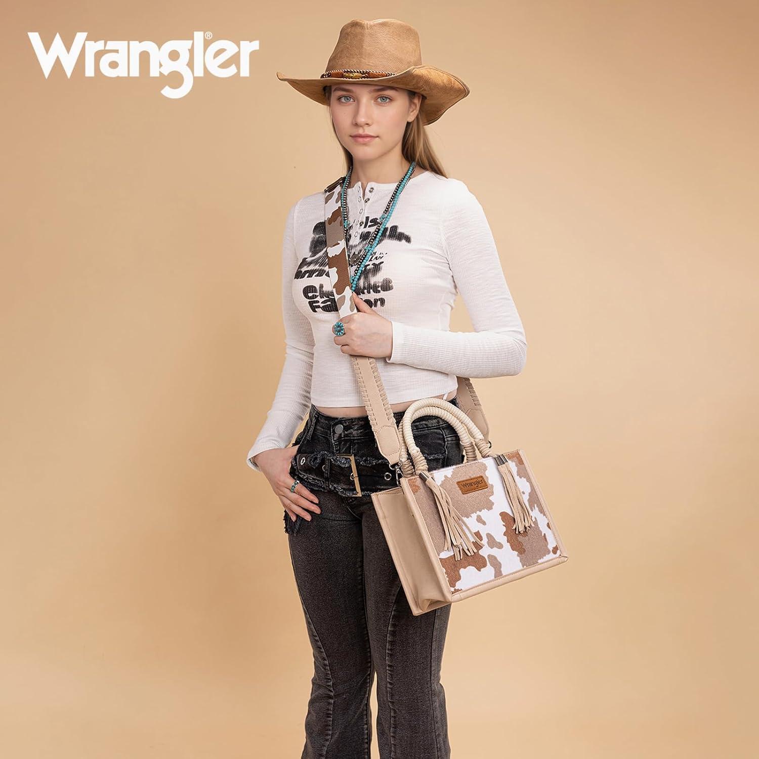 imageMontana West X Wrangler Tote Bag Cow Print Western Satchel Bags for Women with Braided Rope HandleTan