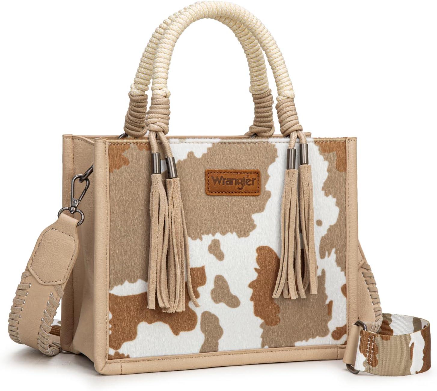 imageMontana West X Wrangler Tote Bag Cow Print Western Satchel Bags for Women with Braided Rope HandleTan