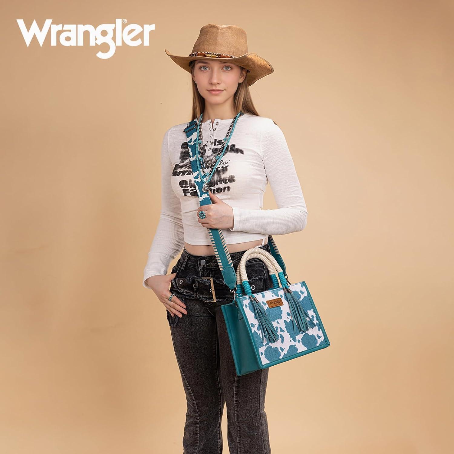 imageMontana West X Wrangler Tote Bag Cow Print Western Satchel Bags for Women with Braided Rope HandleTurquoise