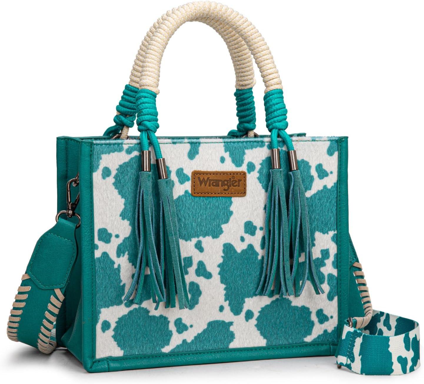 imageMontana West X Wrangler Tote Bag Cow Print Western Satchel Bags for Women with Braided Rope HandleTurquoise