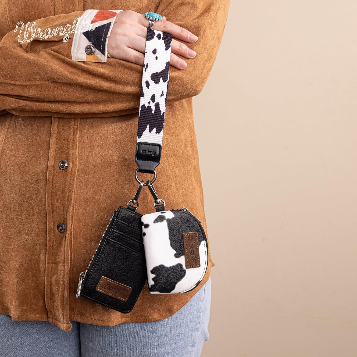 imageMontana WestxWrangler KeyChain Wristlet Wallets for Women Western Dual Pouch Wristlet Embroidered Boot Scroll Card Holder Wallet With ZipperArtist COW Black