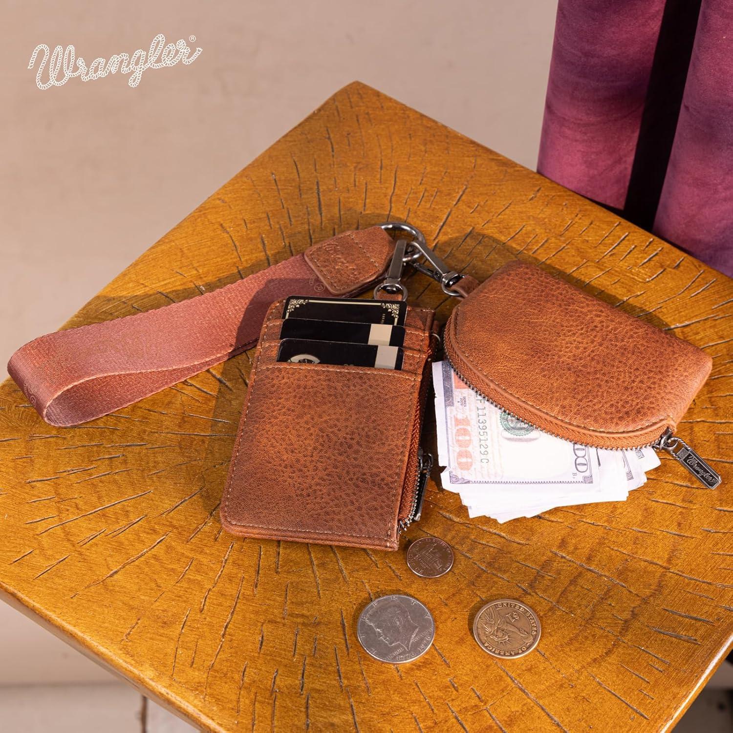 imageMontana WestxWrangler KeyChain Wristlet Wallets for Women Western Dual Pouch Wristlet Embroidered Boot Scroll Card Holder Wallet With ZipperBBrown