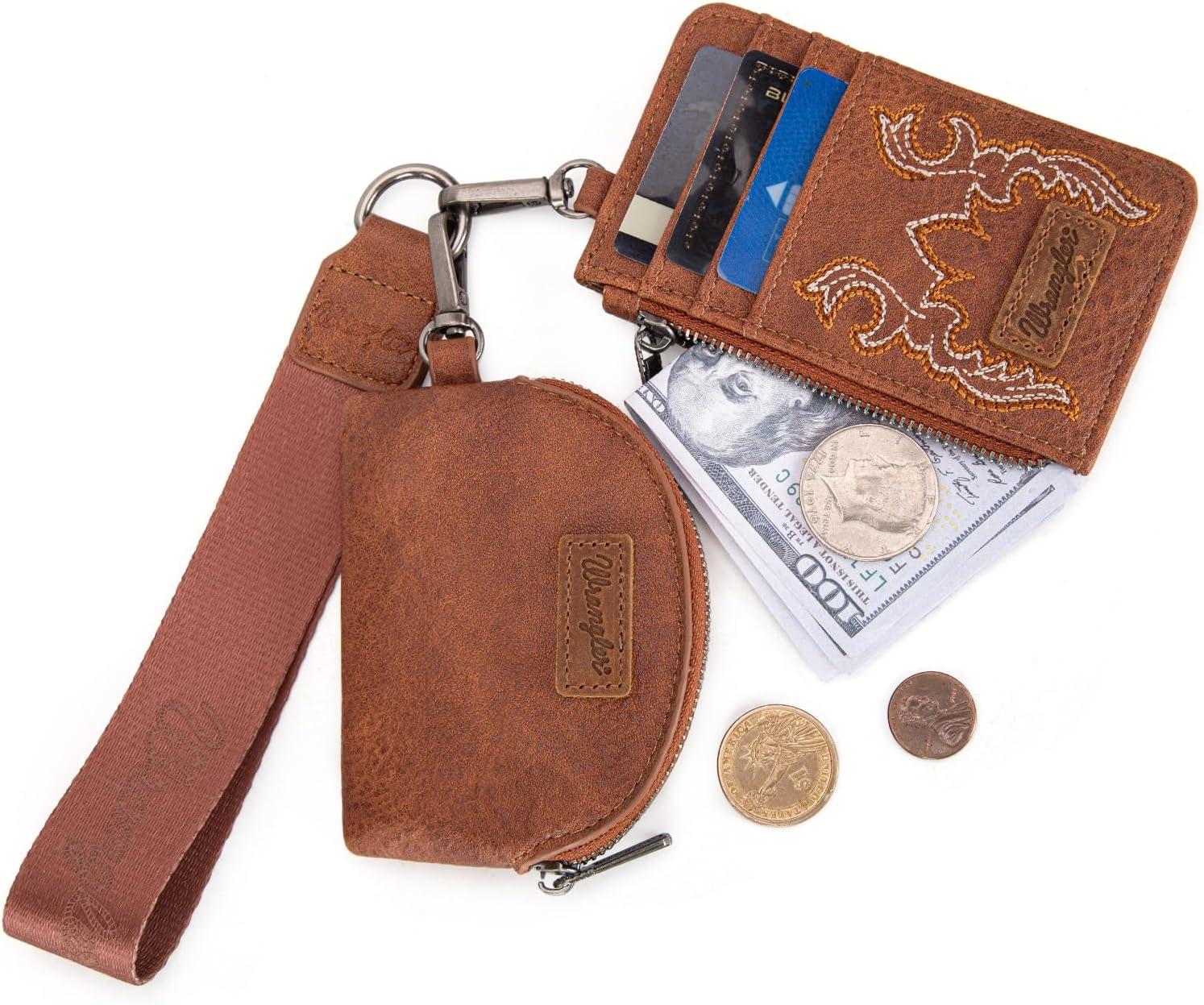 imageMontana WestxWrangler KeyChain Wristlet Wallets for Women Western Dual Pouch Wristlet Embroidered Boot Scroll Card Holder Wallet With ZipperBBrown