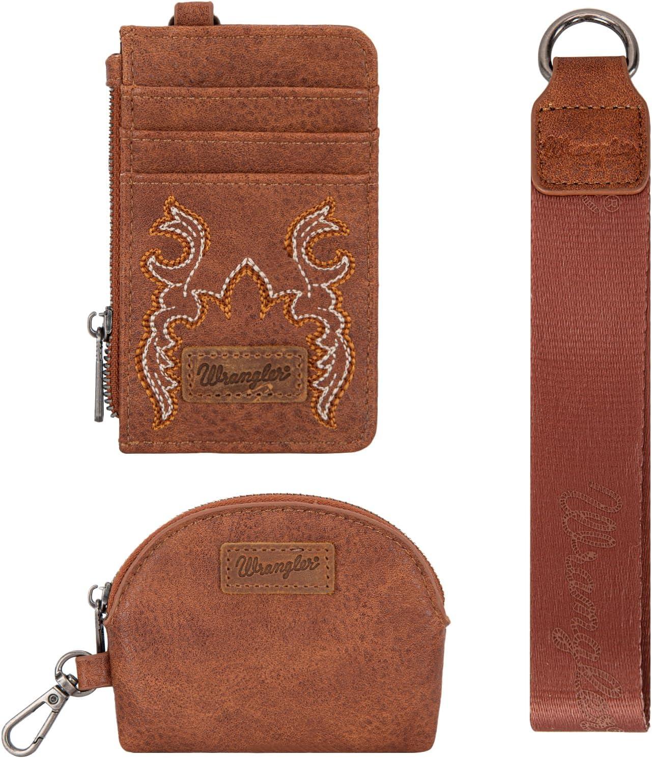 imageMontana WestxWrangler KeyChain Wristlet Wallets for Women Western Dual Pouch Wristlet Embroidered Boot Scroll Card Holder Wallet With ZipperBBrown