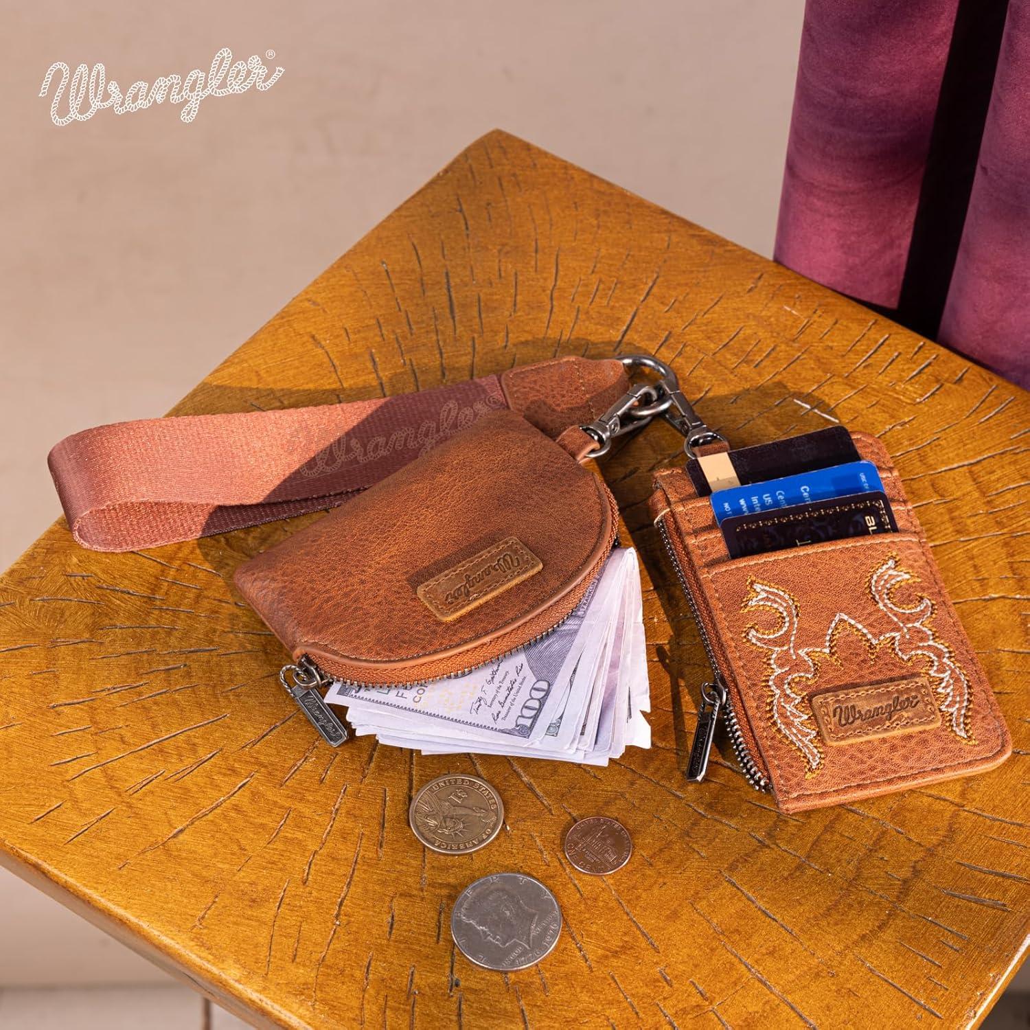 imageMontana WestxWrangler KeyChain Wristlet Wallets for Women Western Dual Pouch Wristlet Embroidered Boot Scroll Card Holder Wallet With ZipperBBrown