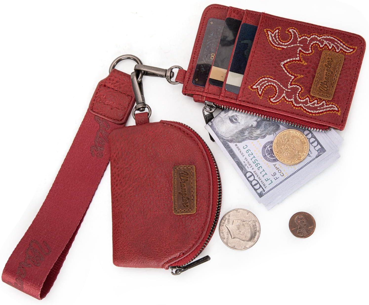 imageMontana WestxWrangler KeyChain Wristlet Wallets for Women Western Dual Pouch Wristlet Embroidered Boot Scroll Card Holder Wallet With ZipperBRed