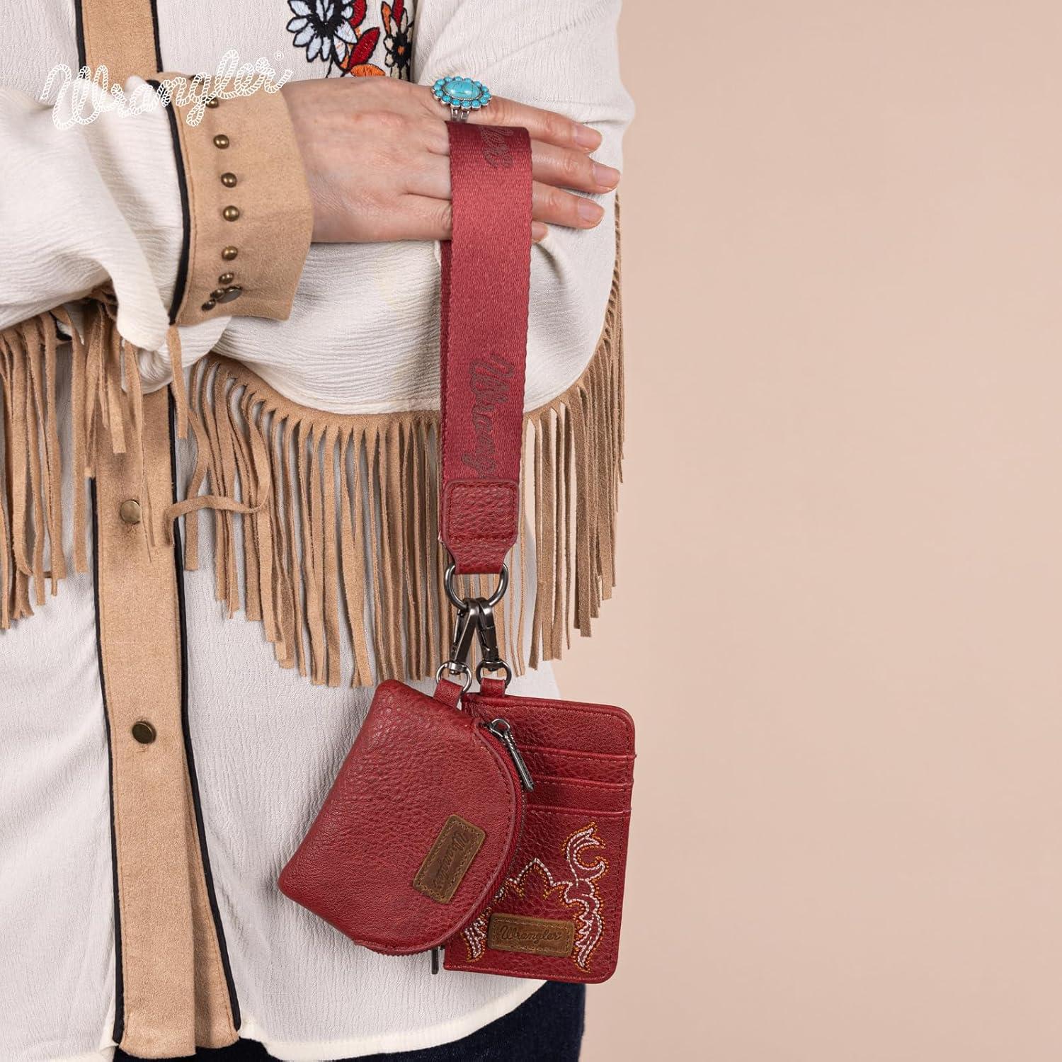 imageMontana WestxWrangler KeyChain Wristlet Wallets for Women Western Dual Pouch Wristlet Embroidered Boot Scroll Card Holder Wallet With ZipperBRed