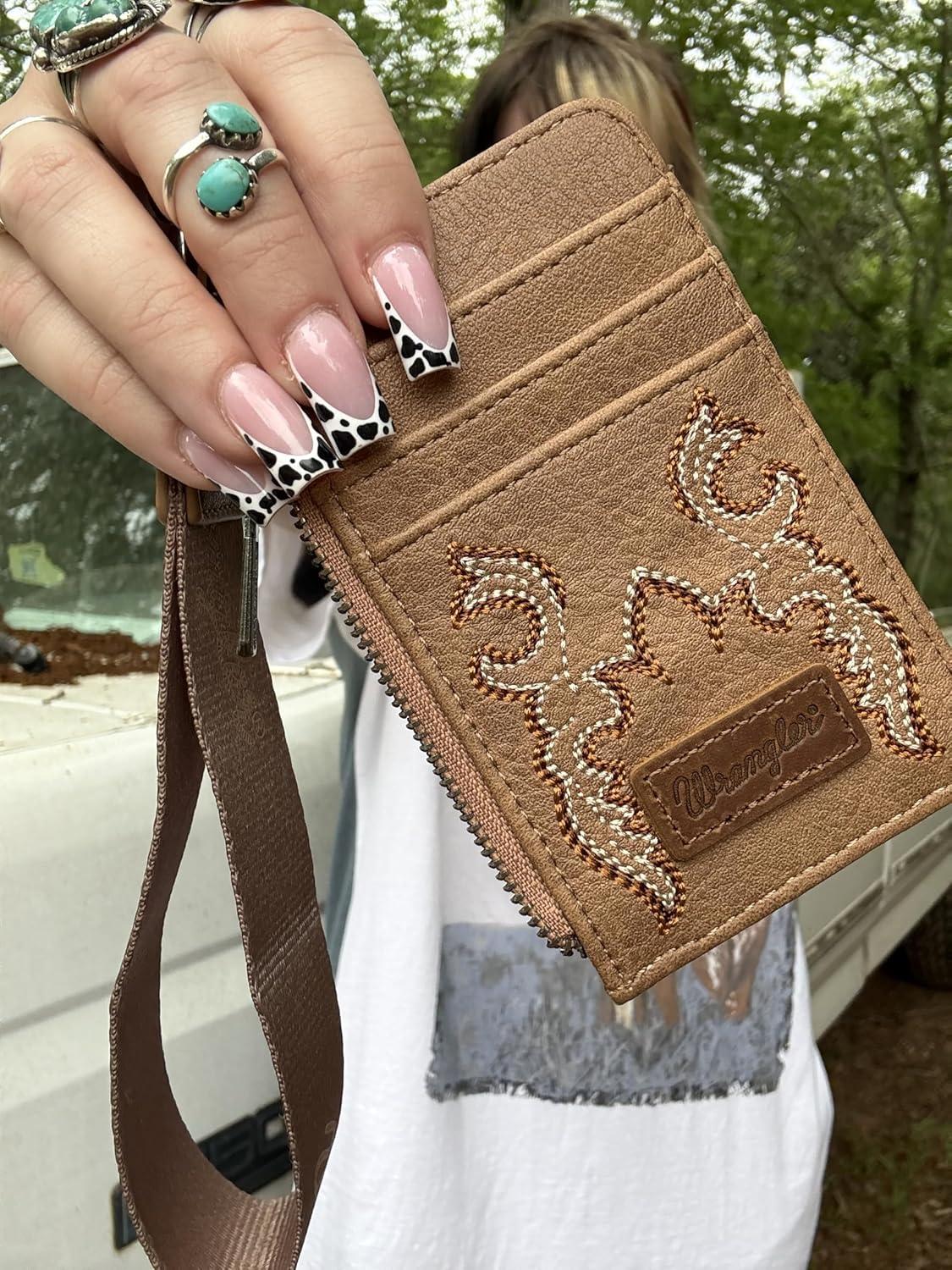 imageMontana WestxWrangler KeyChain Wristlet Wallets for Women Western Dual Pouch Wristlet Embroidered Boot Scroll Card Holder Wallet With ZipperBkhaki