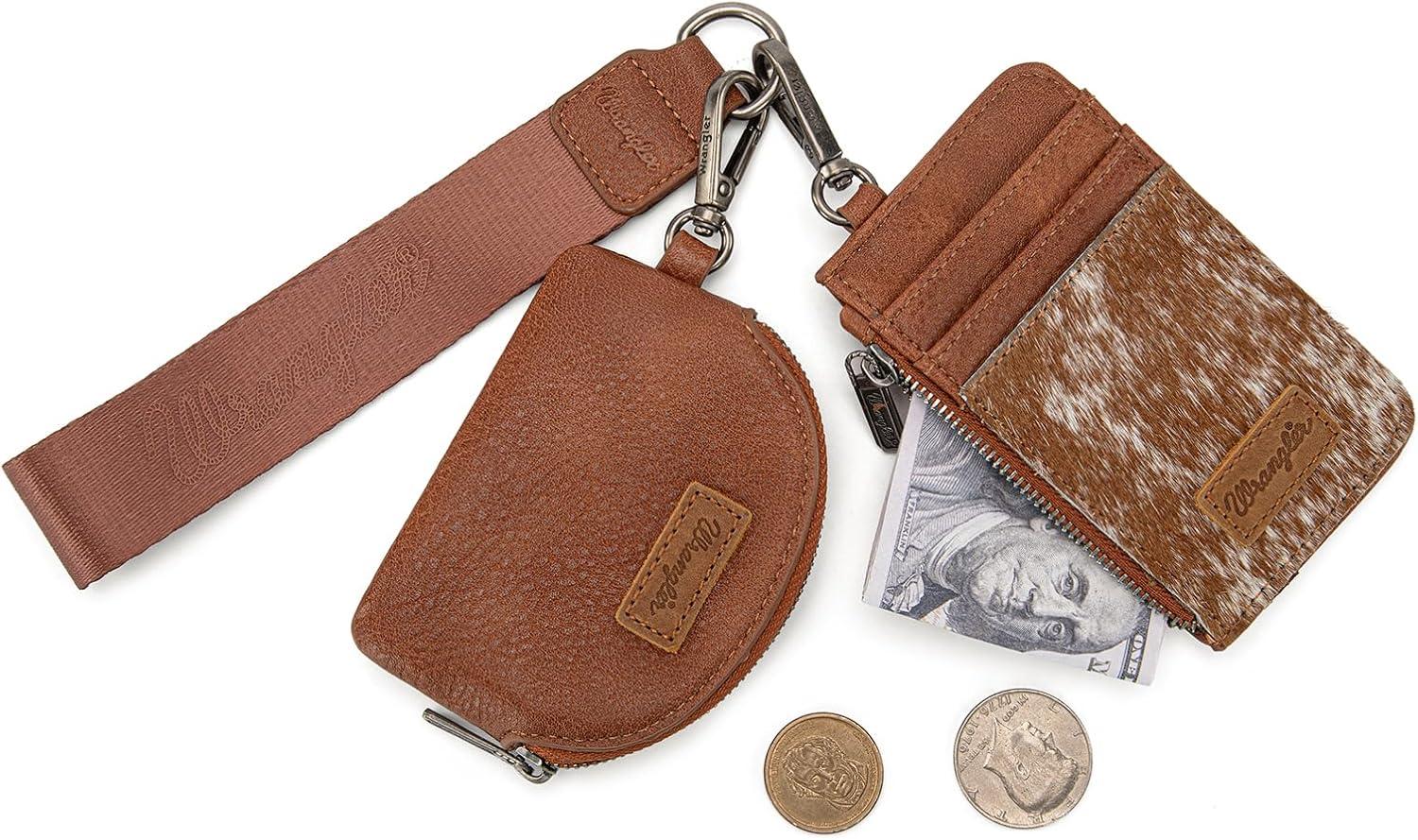 imageMontana WestxWrangler KeyChain Wristlet Wallets for Women Western Dual Pouch Wristlet Embroidered Boot Scroll Card Holder Wallet With ZipperCowhide Brown