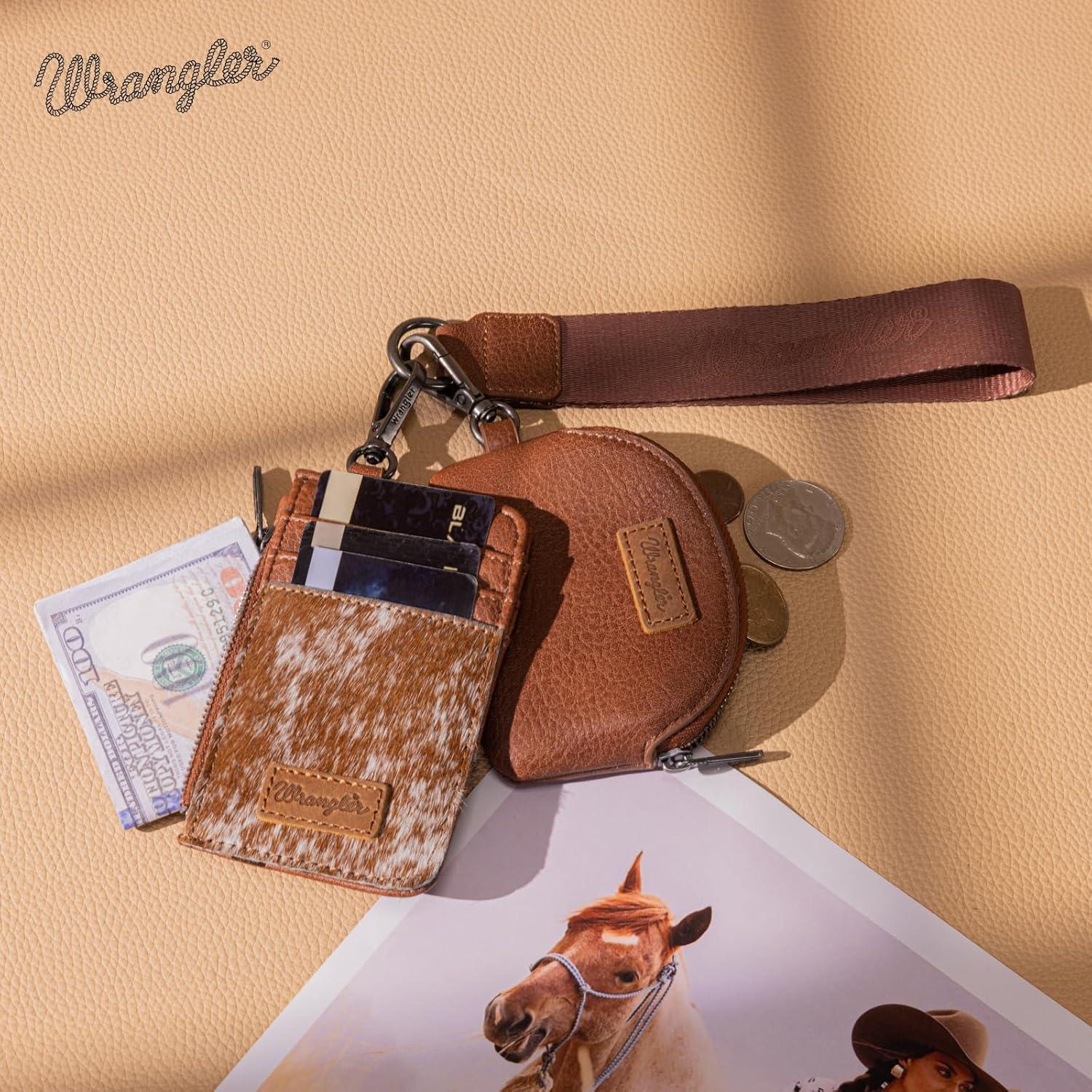 imageMontana WestxWrangler KeyChain Wristlet Wallets for Women Western Dual Pouch Wristlet Embroidered Boot Scroll Card Holder Wallet With ZipperCowhide Brown
