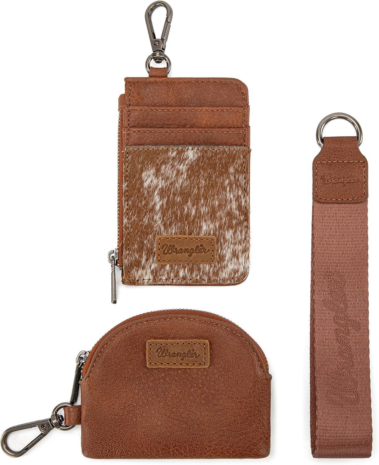 imageMontana WestxWrangler KeyChain Wristlet Wallets for Women Western Dual Pouch Wristlet Embroidered Boot Scroll Card Holder Wallet With ZipperCowhide Brown