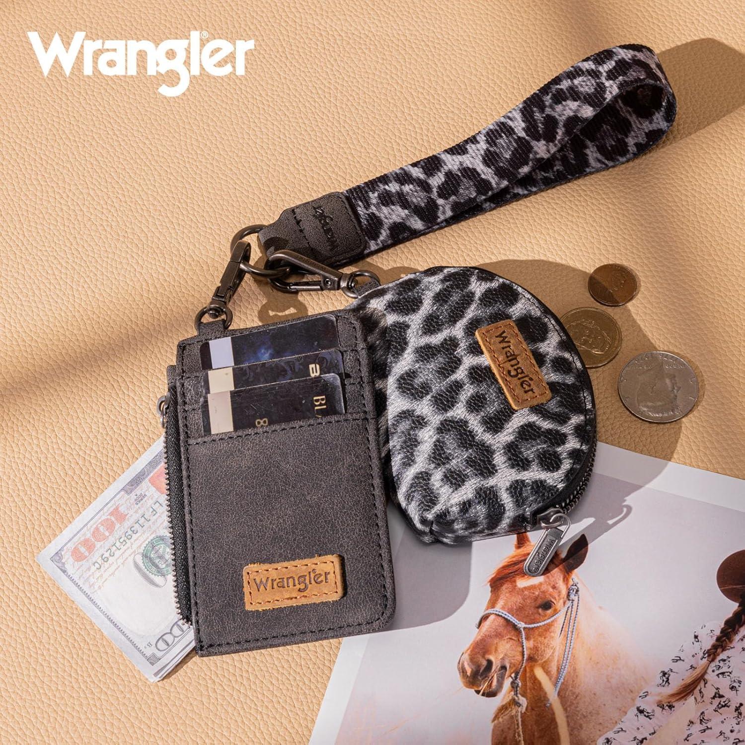 imageMontana WestxWrangler KeyChain Wristlet Wallets for Women Western Dual Pouch Wristlet Embroidered Boot Scroll Card Holder Wallet With ZipperLeopard Black