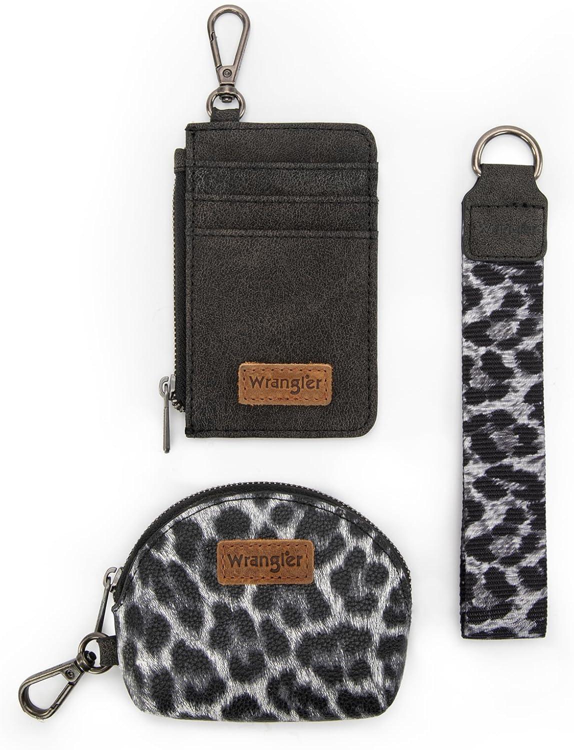 imageMontana WestxWrangler KeyChain Wristlet Wallets for Women Western Dual Pouch Wristlet Embroidered Boot Scroll Card Holder Wallet With ZipperLeopard Black
