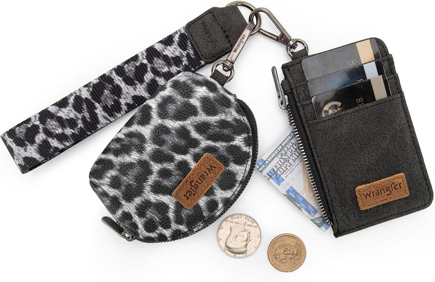 imageMontana WestxWrangler KeyChain Wristlet Wallets for Women Western Dual Pouch Wristlet Embroidered Boot Scroll Card Holder Wallet With ZipperLeopard Black