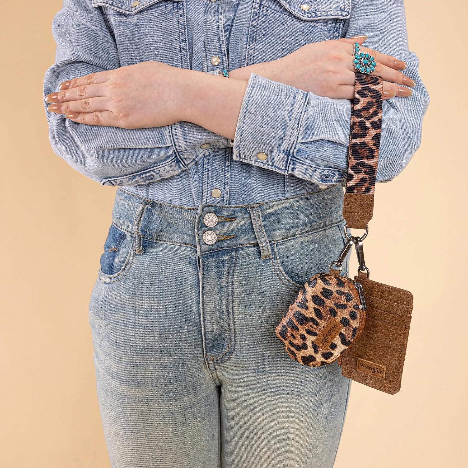 imageMontana WestxWrangler KeyChain Wristlet Wallets for Women Western Dual Pouch Wristlet Embroidered Boot Scroll Card Holder Wallet With ZipperLeopard Brown