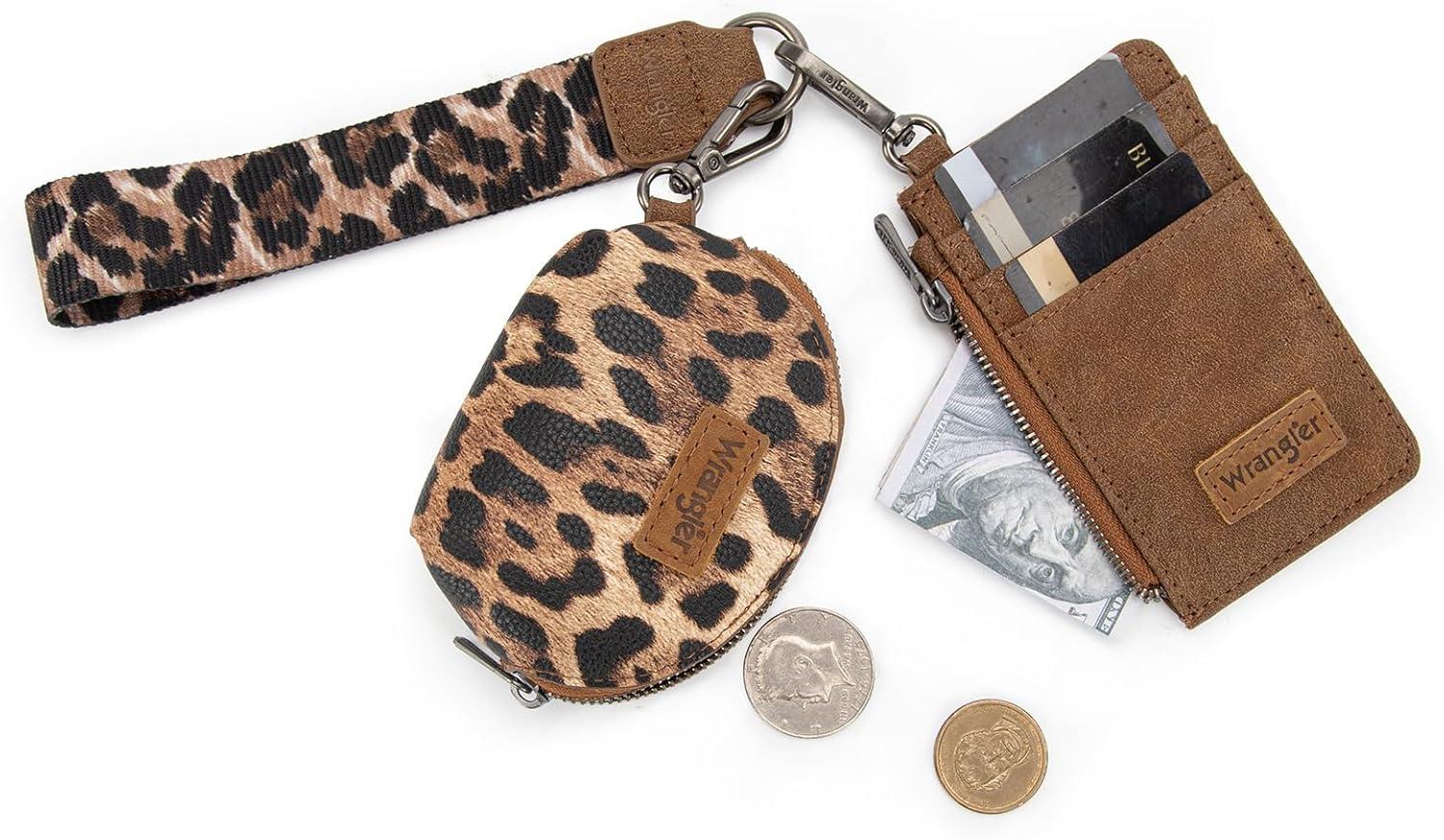 imageMontana WestxWrangler KeyChain Wristlet Wallets for Women Western Dual Pouch Wristlet Embroidered Boot Scroll Card Holder Wallet With ZipperLeopard Brown