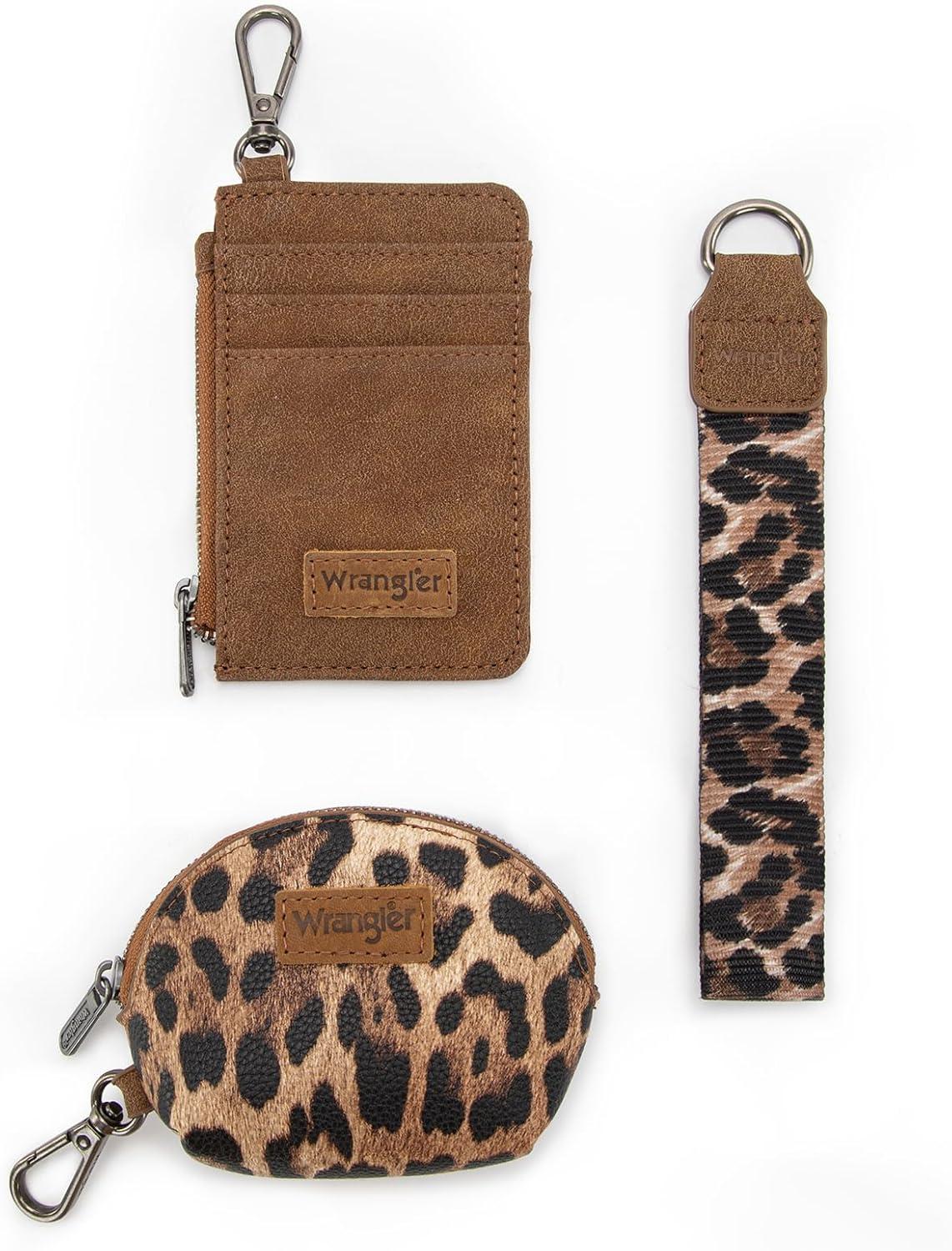 imageMontana WestxWrangler KeyChain Wristlet Wallets for Women Western Dual Pouch Wristlet Embroidered Boot Scroll Card Holder Wallet With ZipperLeopard Brown