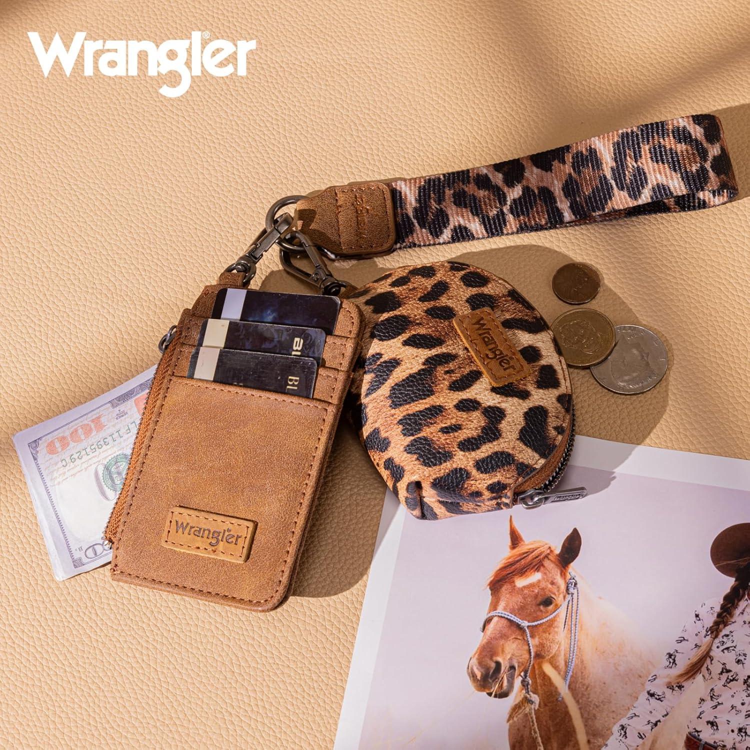 imageMontana WestxWrangler KeyChain Wristlet Wallets for Women Western Dual Pouch Wristlet Embroidered Boot Scroll Card Holder Wallet With ZipperLeopard Brown