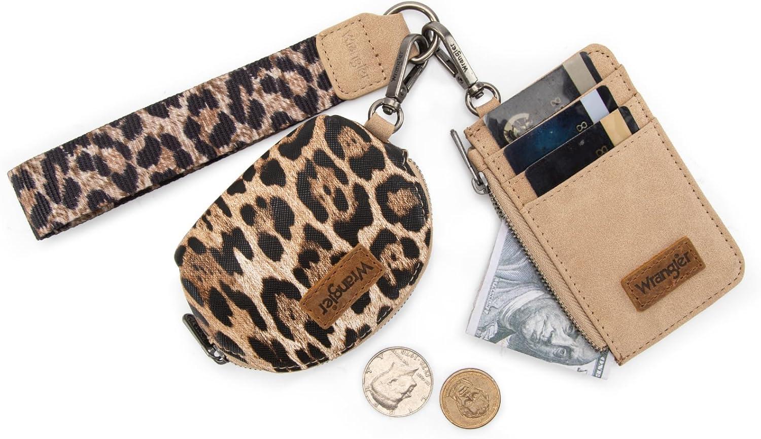 imageMontana WestxWrangler KeyChain Wristlet Wallets for Women Western Dual Pouch Wristlet Embroidered Boot Scroll Card Holder Wallet With ZipperLeopard Coffee
