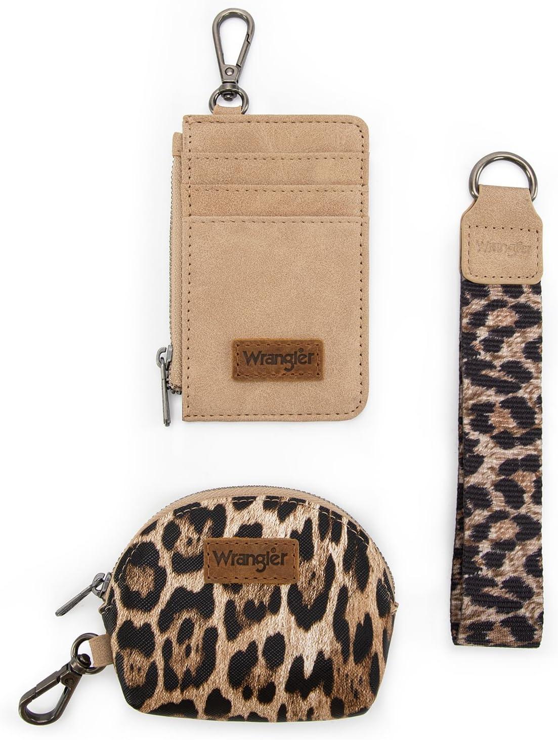 imageMontana WestxWrangler KeyChain Wristlet Wallets for Women Western Dual Pouch Wristlet Embroidered Boot Scroll Card Holder Wallet With ZipperLeopard Coffee