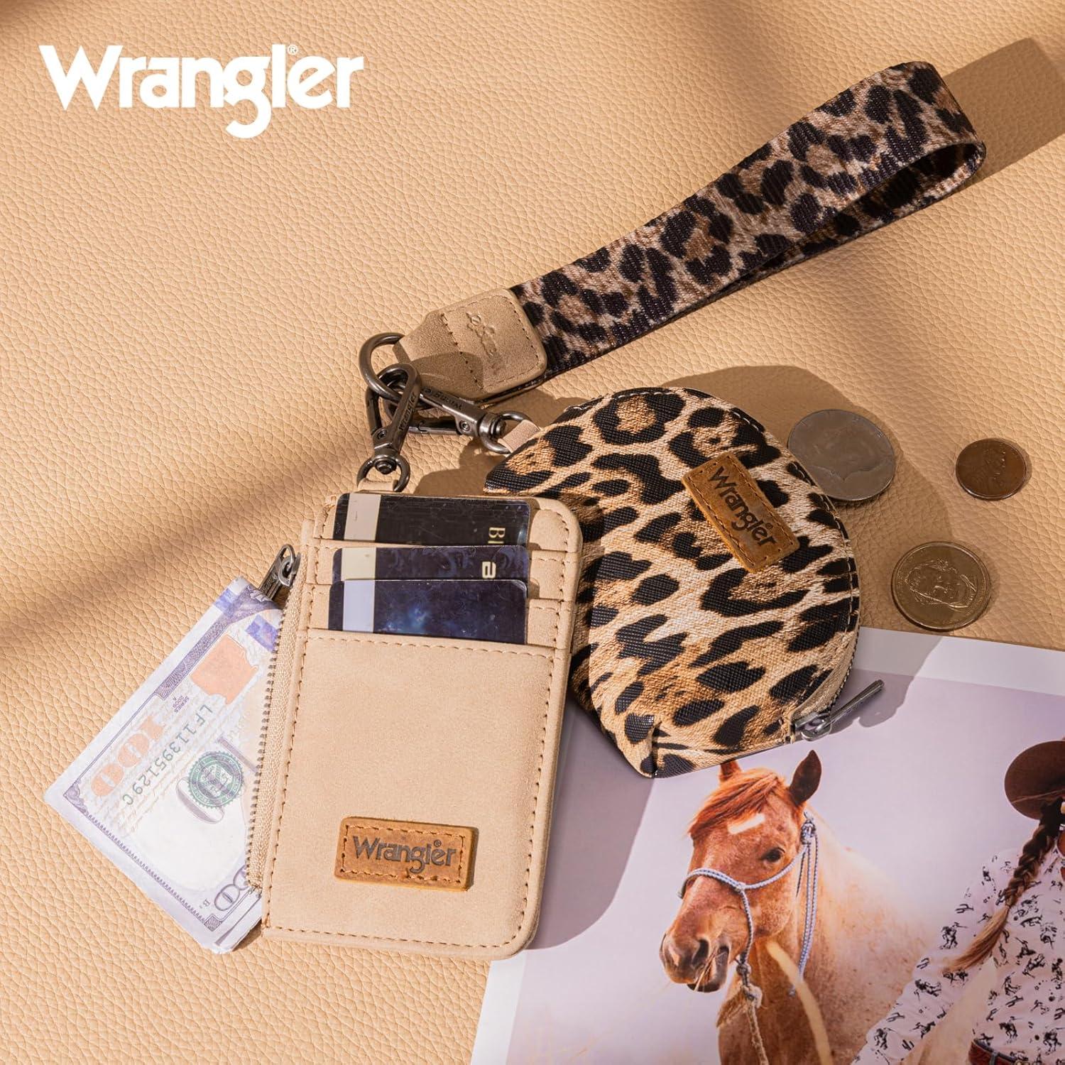 imageMontana WestxWrangler KeyChain Wristlet Wallets for Women Western Dual Pouch Wristlet Embroidered Boot Scroll Card Holder Wallet With ZipperLeopard Coffee