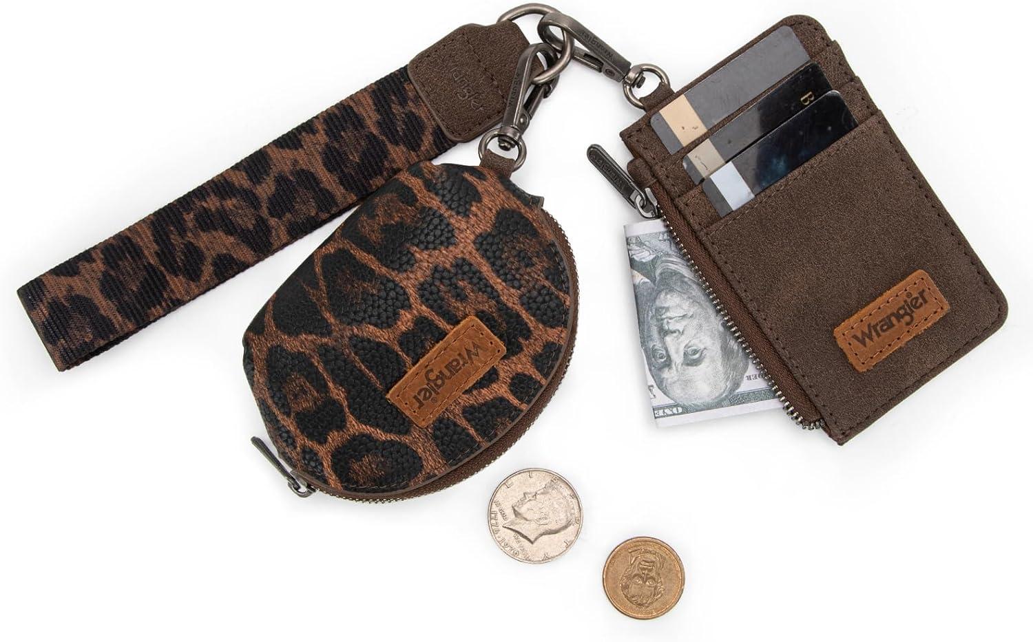 imageMontana WestxWrangler KeyChain Wristlet Wallets for Women Western Dual Pouch Wristlet Embroidered Boot Scroll Card Holder Wallet With ZipperLeopard Tan