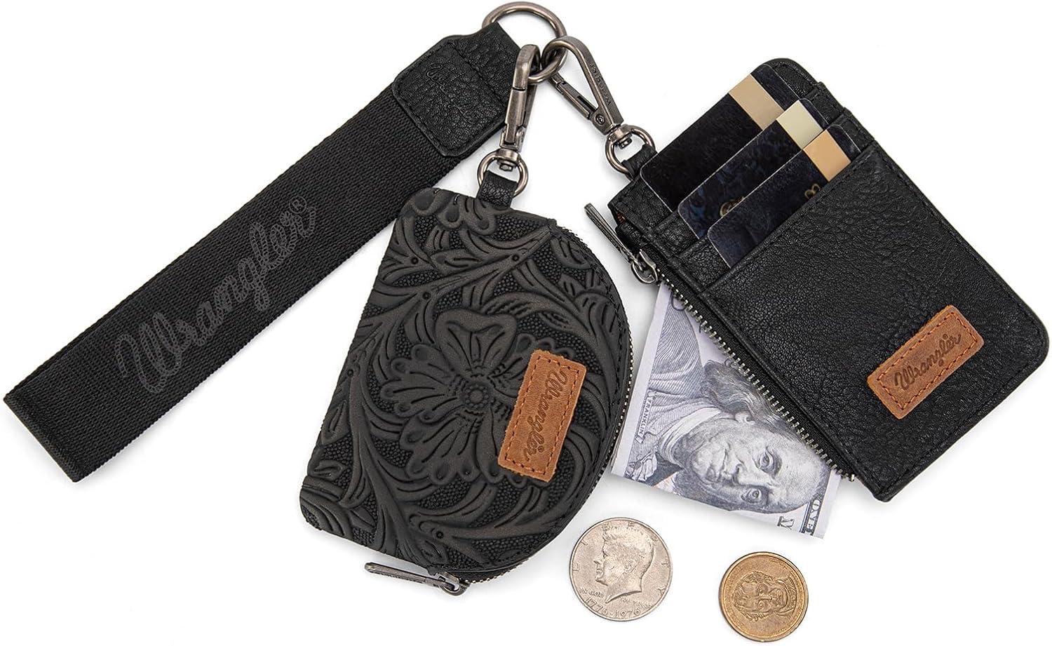 imageMontana WestxWrangler KeyChain Wristlet Wallets for Women Western Dual Pouch Wristlet Embroidered Boot Scroll Card Holder Wallet With ZipperTooling Black