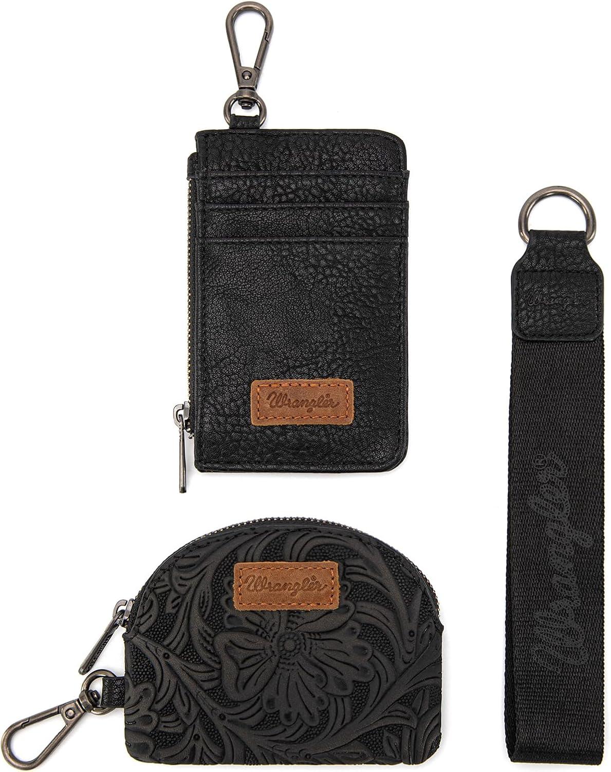 imageMontana WestxWrangler KeyChain Wristlet Wallets for Women Western Dual Pouch Wristlet Embroidered Boot Scroll Card Holder Wallet With ZipperTooling Black