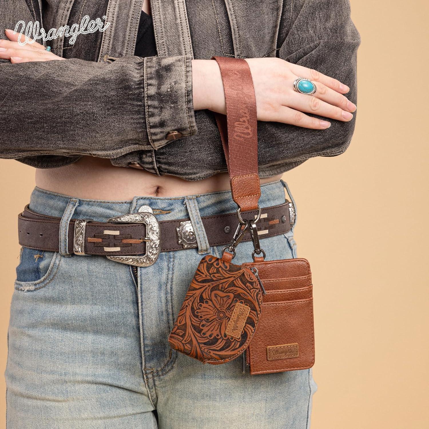 imageMontana WestxWrangler KeyChain Wristlet Wallets for Women Western Dual Pouch Wristlet Embroidered Boot Scroll Card Holder Wallet With ZipperTooling Brown