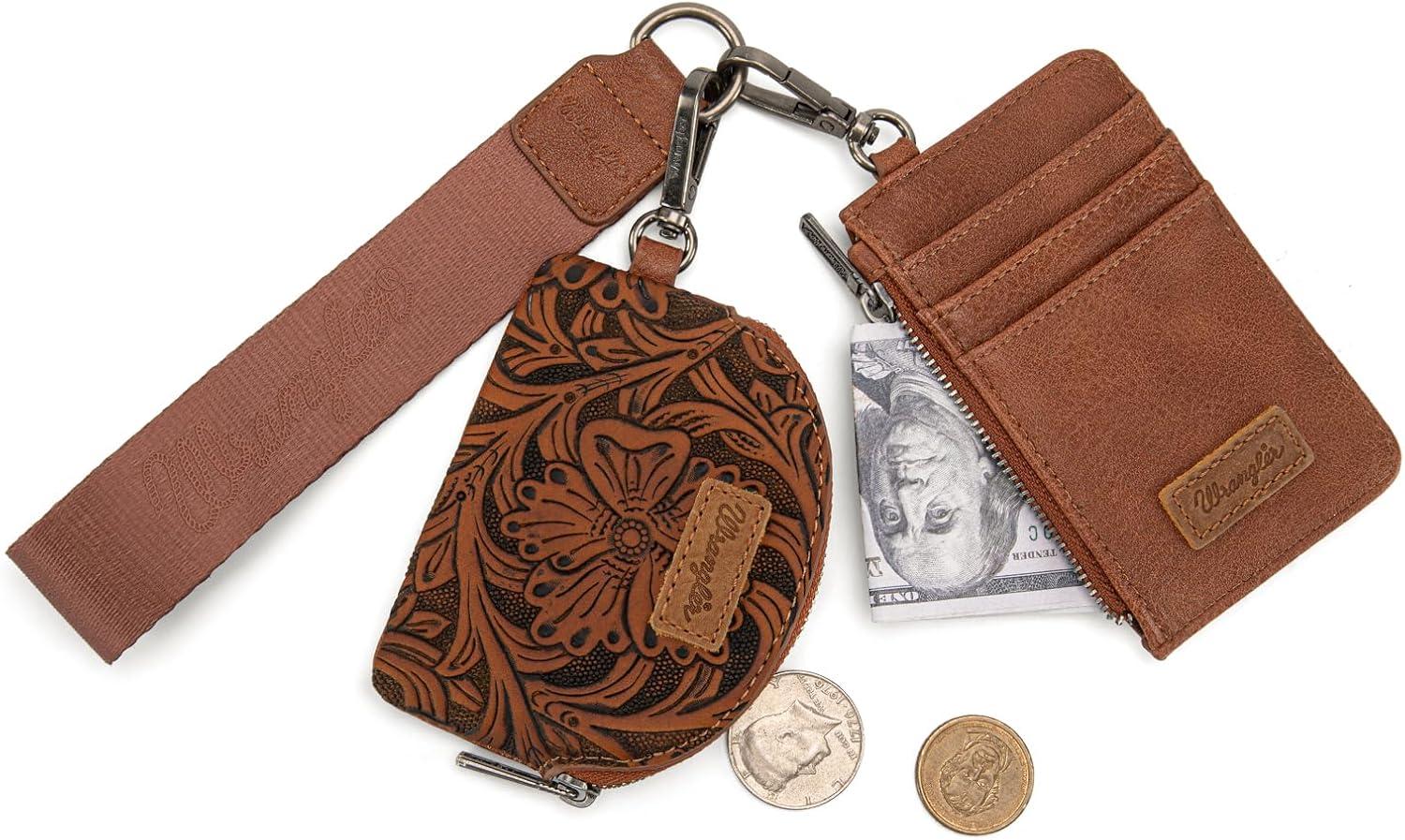imageMontana WestxWrangler KeyChain Wristlet Wallets for Women Western Dual Pouch Wristlet Embroidered Boot Scroll Card Holder Wallet With ZipperTooling Brown