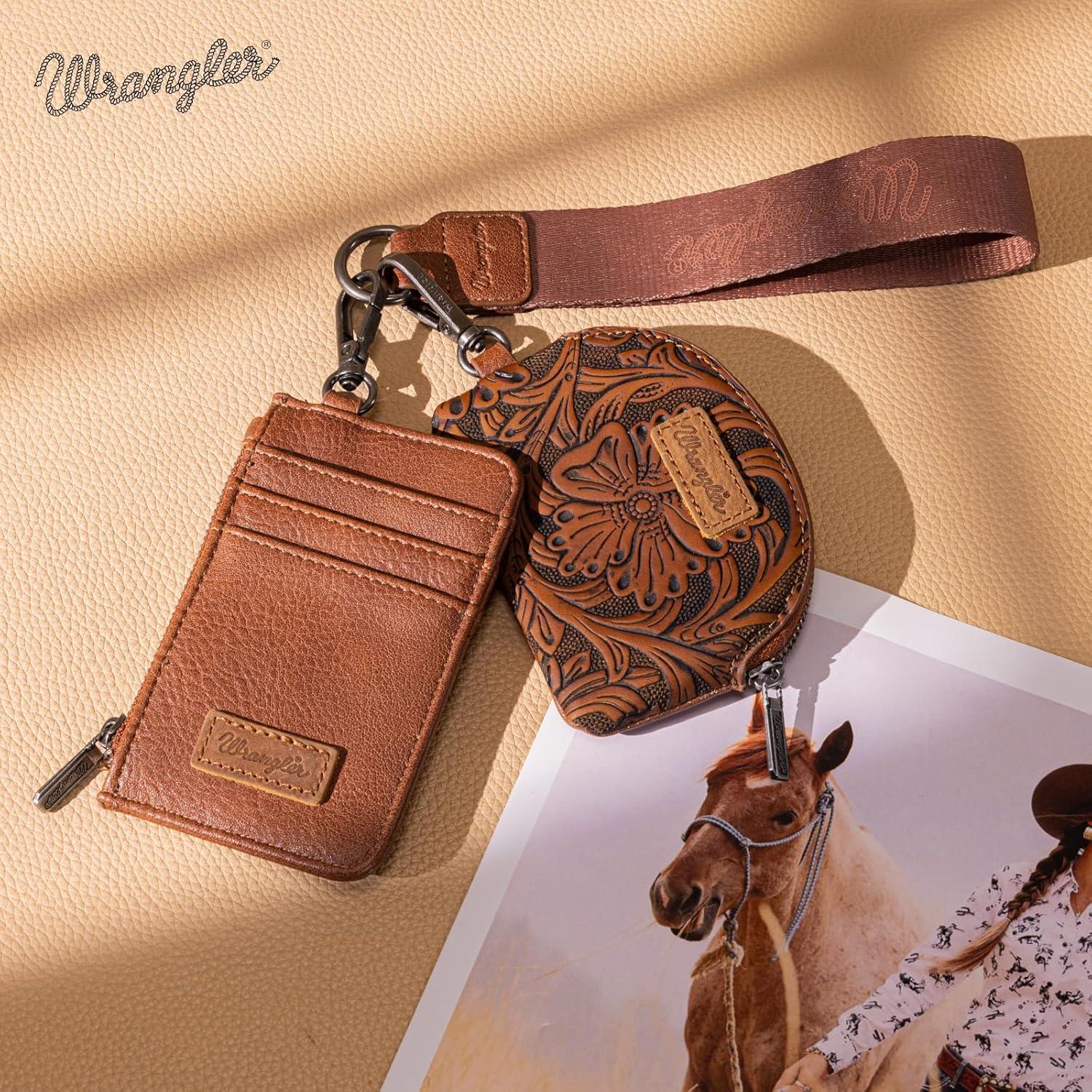 imageMontana WestxWrangler KeyChain Wristlet Wallets for Women Western Dual Pouch Wristlet Embroidered Boot Scroll Card Holder Wallet With ZipperTooling Brown