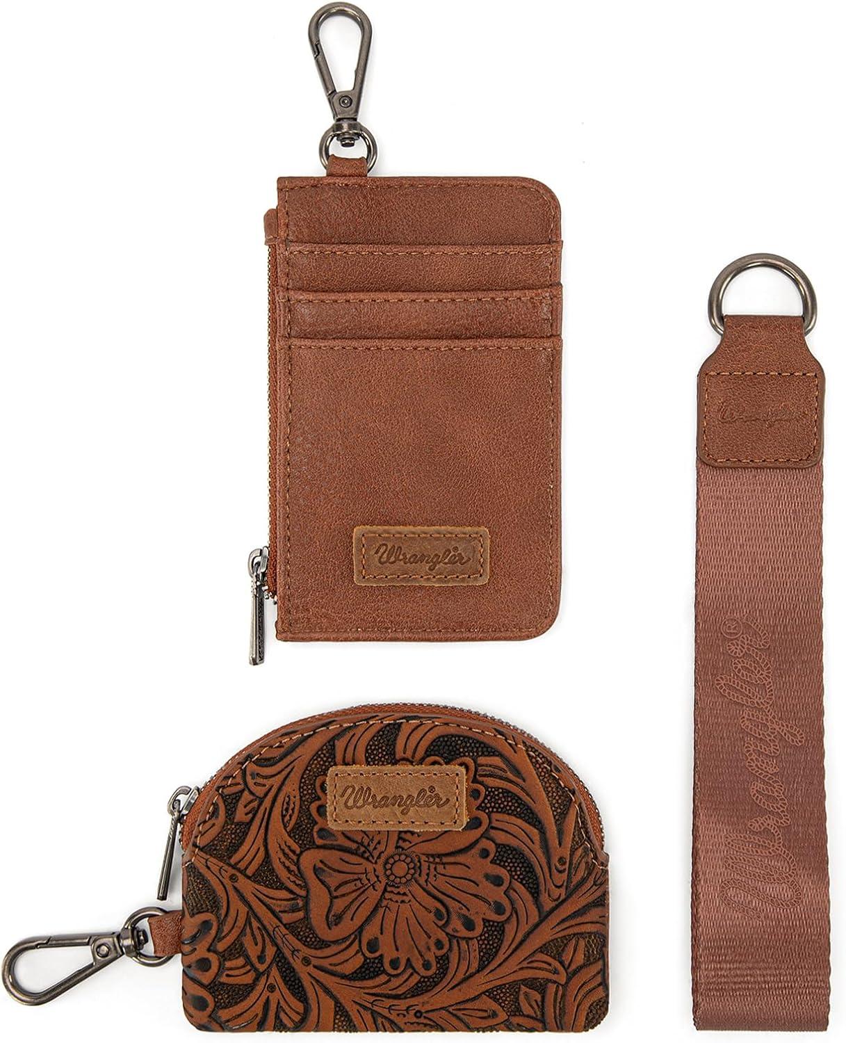 imageMontana WestxWrangler KeyChain Wristlet Wallets for Women Western Dual Pouch Wristlet Embroidered Boot Scroll Card Holder Wallet With ZipperTooling Brown