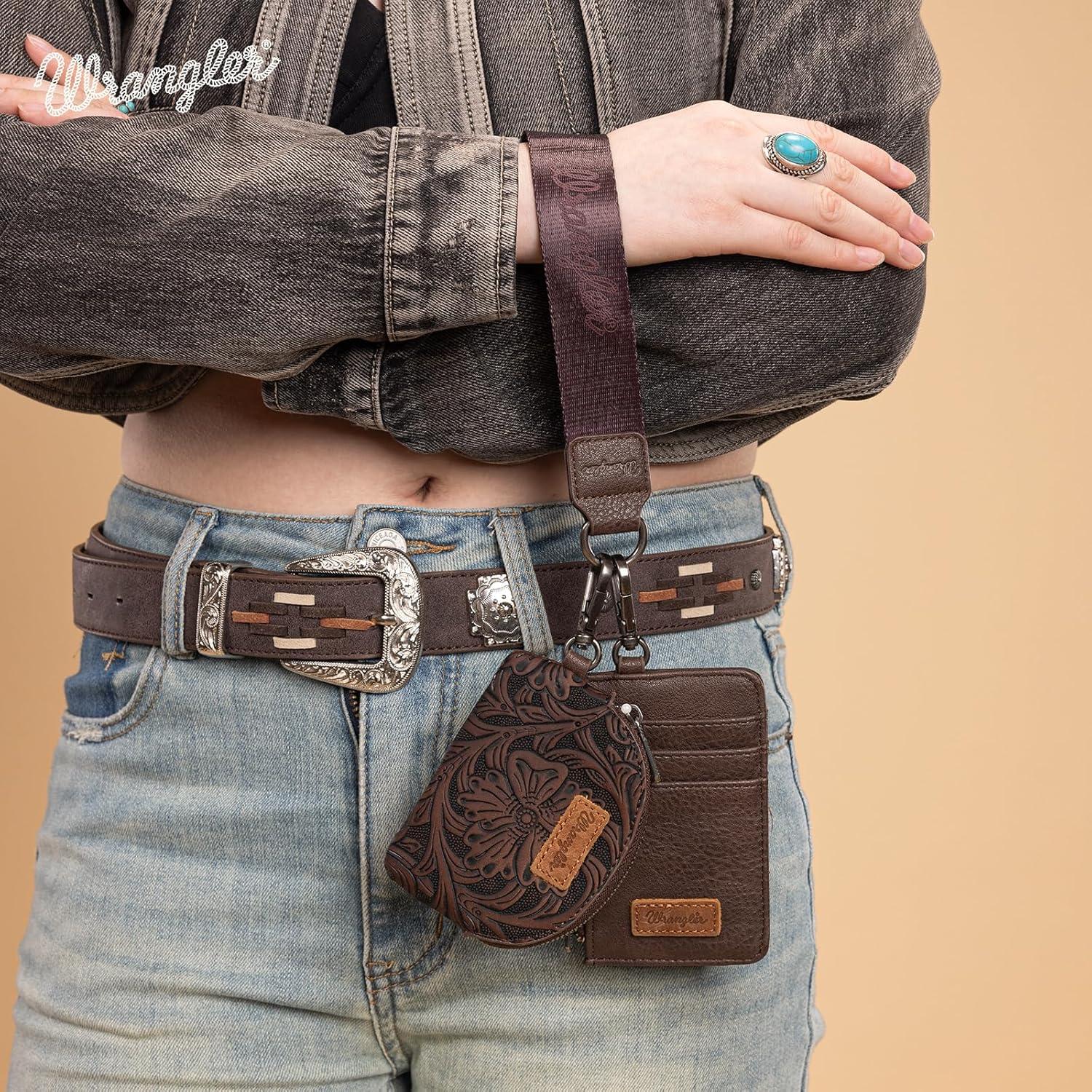 imageMontana WestxWrangler KeyChain Wristlet Wallets for Women Western Dual Pouch Wristlet Embroidered Boot Scroll Card Holder Wallet With ZipperTooling Coffee