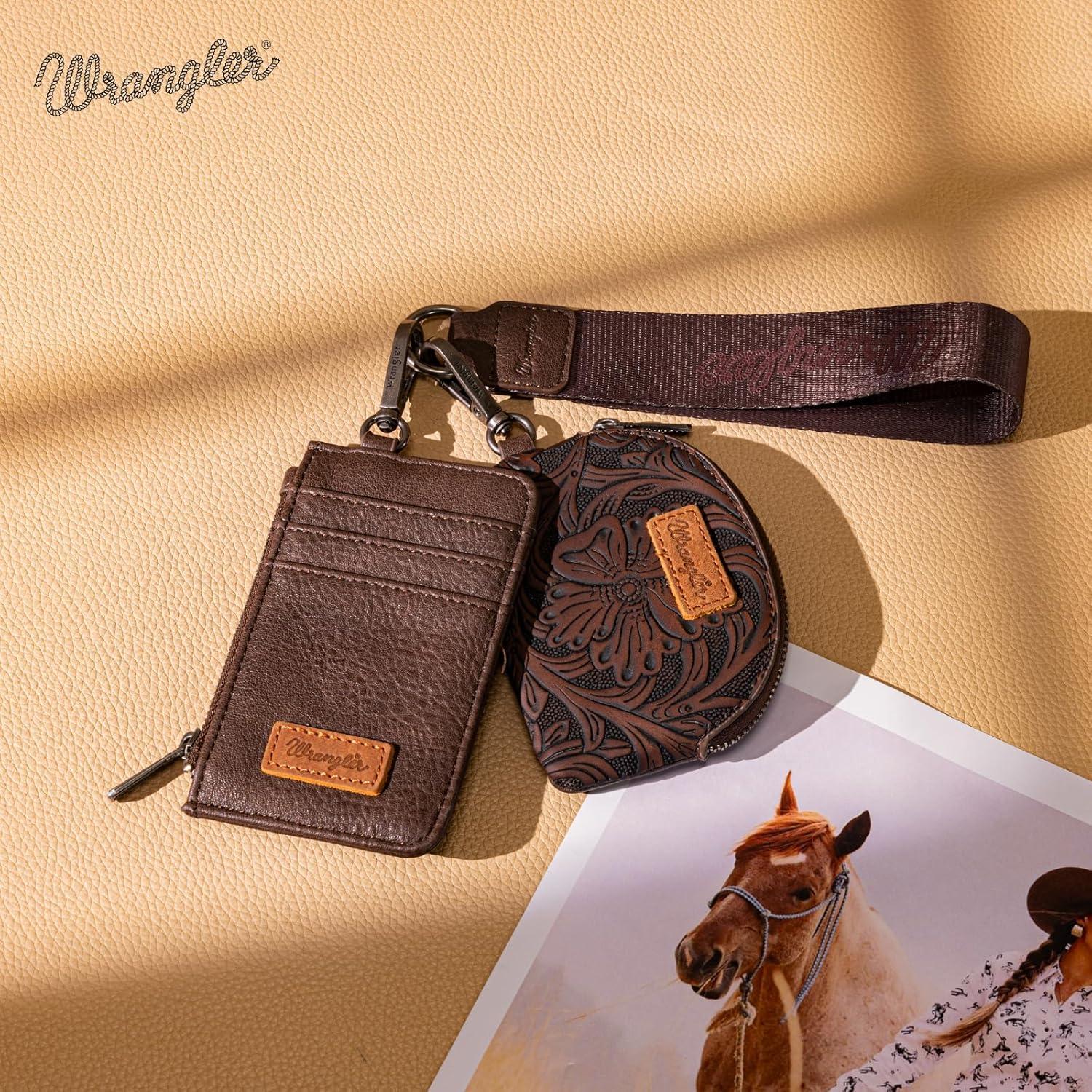 imageMontana WestxWrangler KeyChain Wristlet Wallets for Women Western Dual Pouch Wristlet Embroidered Boot Scroll Card Holder Wallet With ZipperTooling Coffee