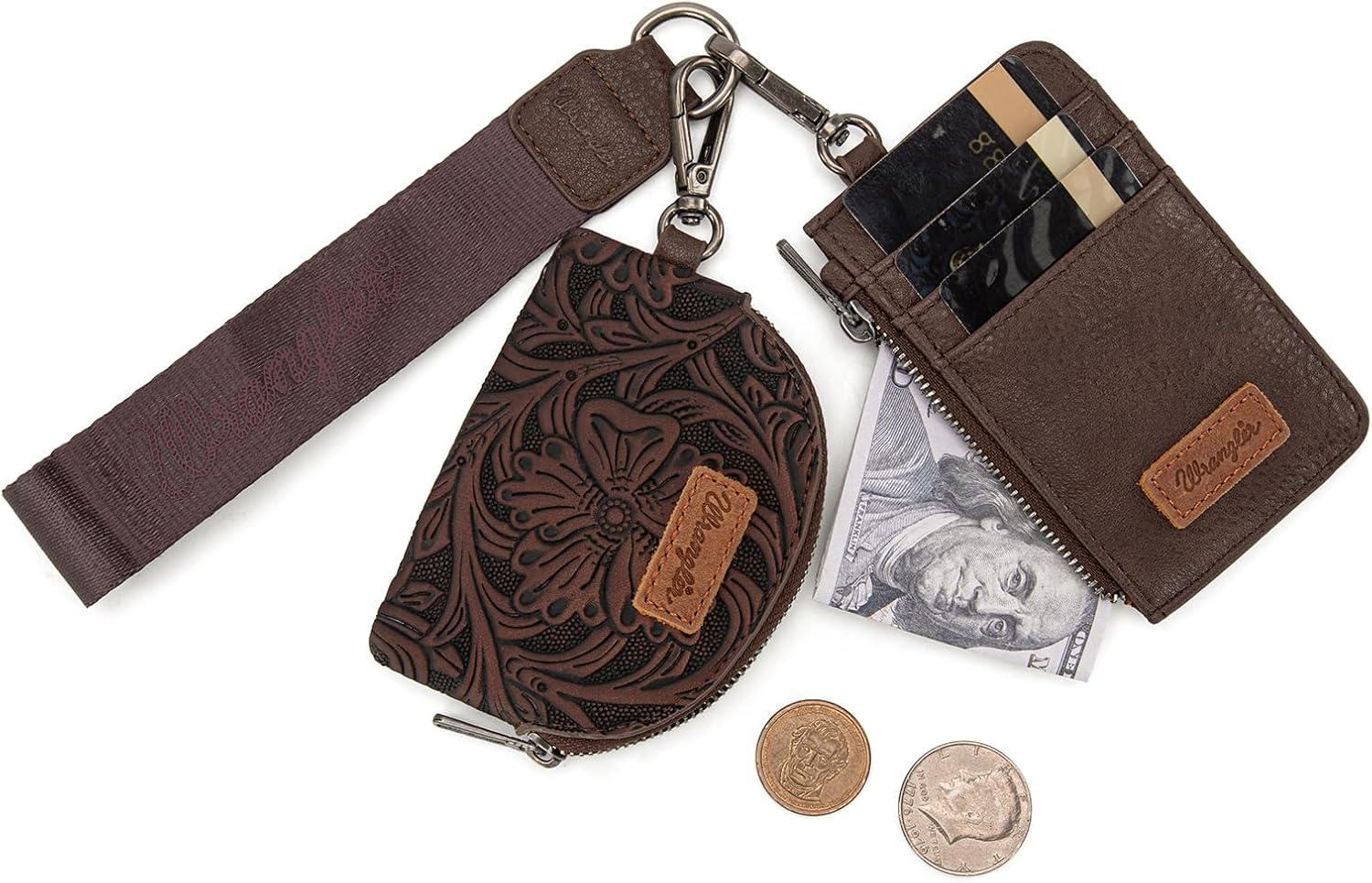imageMontana WestxWrangler KeyChain Wristlet Wallets for Women Western Dual Pouch Wristlet Embroidered Boot Scroll Card Holder Wallet With ZipperTooling Coffee