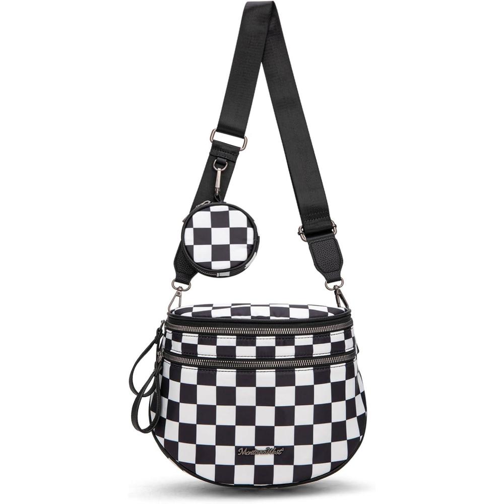 imageMontana West Large Bum Bag Nylon Crossbody Bags Mom Purse with with Coin PursePrintedcheckered Black