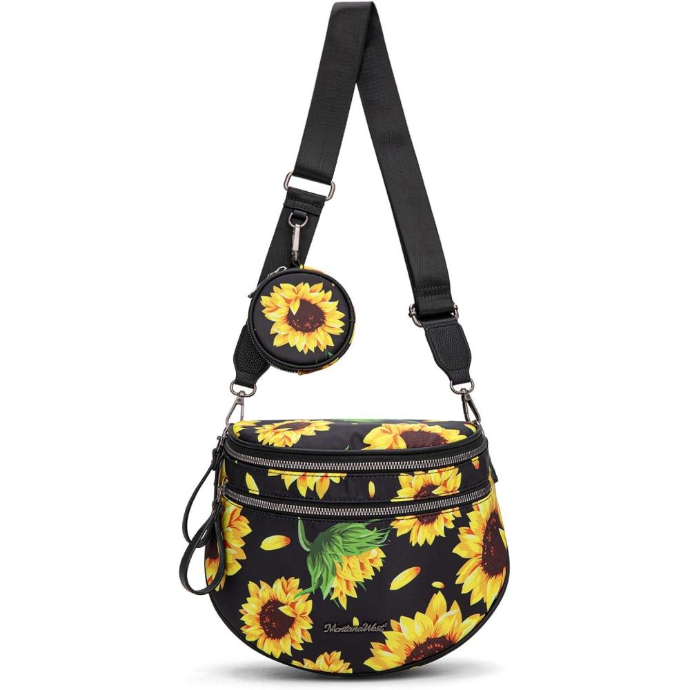 imageMontana West Large Bum Bag Nylon Crossbody Bags Mom Purse with with Coin PurseSunflower