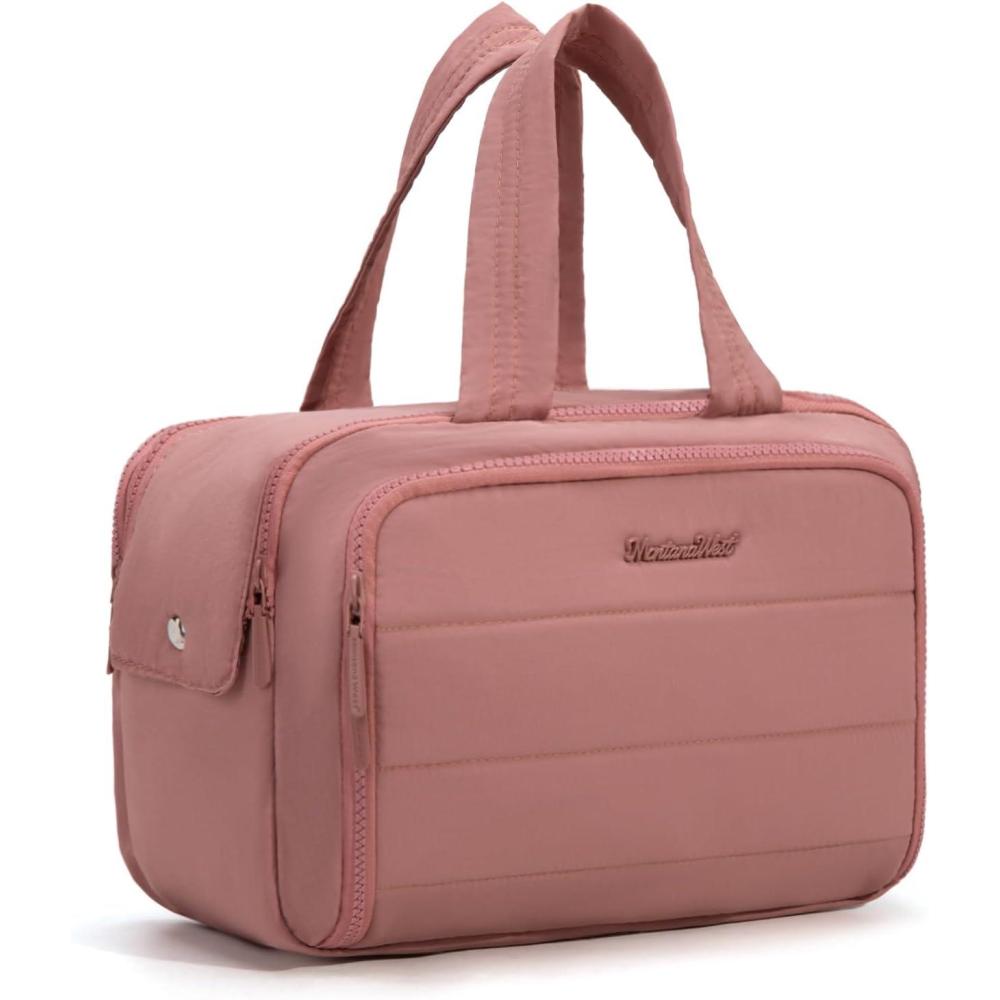 imageMontana West Travel Toiletry Bag Large Capacity Travel Bags Soft Makeup Organizer Lightweight Puffy Cosmetic Bag with Waterproof CompartmentDark Pink
