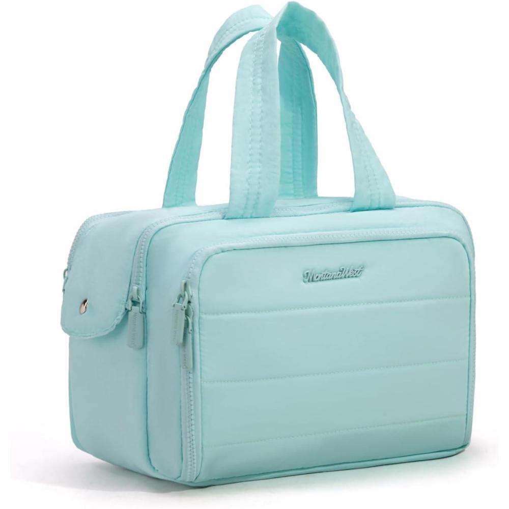 imageMontana West Travel Toiletry Bag Large Capacity Travel Bags Soft Makeup Organizer Lightweight Puffy Cosmetic Bag with Waterproof CompartmentLight Blue