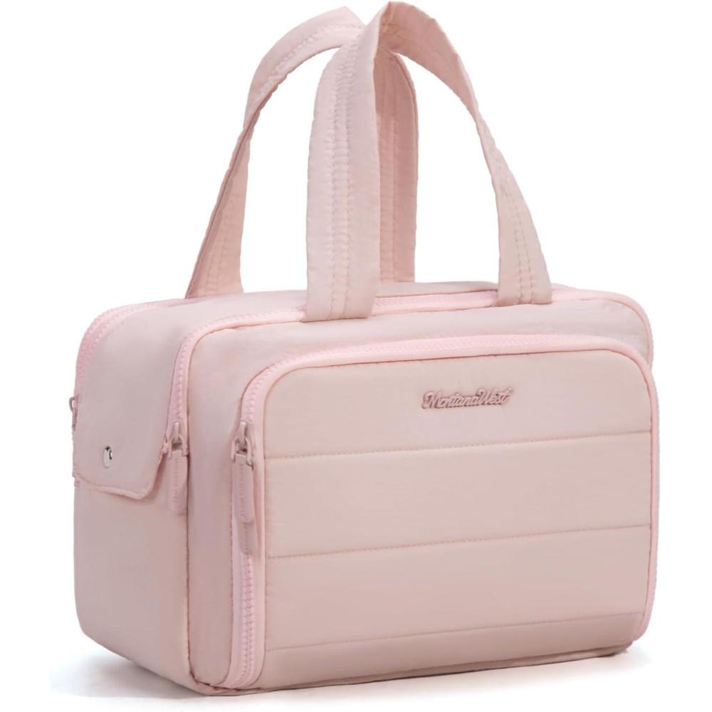 imageMontana West Travel Toiletry Bag Large Capacity Travel Bags Soft Makeup Organizer Lightweight Puffy Cosmetic Bag with Waterproof CompartmentLight Pink